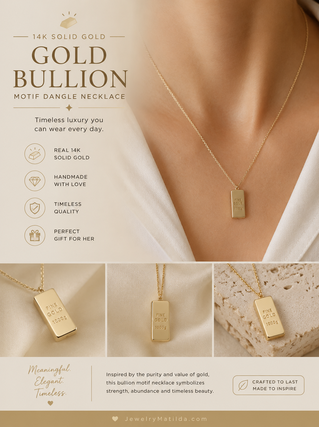 14K Solid Gold Bullion Motif Dangle Necklace