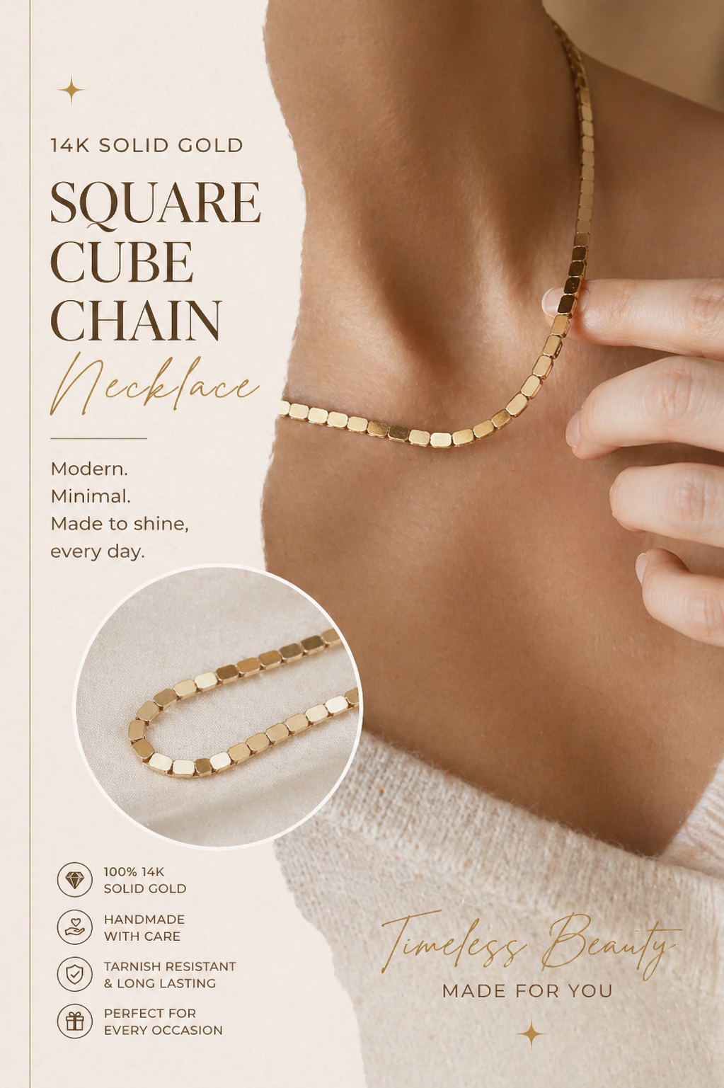 14K Real Gold Square Cube Chain Necklace