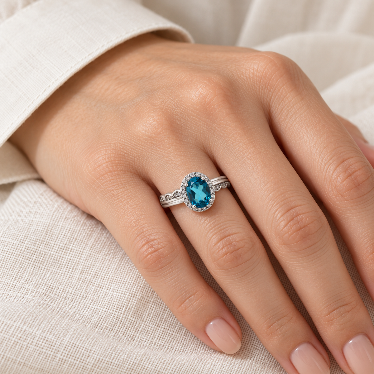 Natural Blue Apatite Ring in 925 Sterling Silver – Adjustable Oval Halo Ring