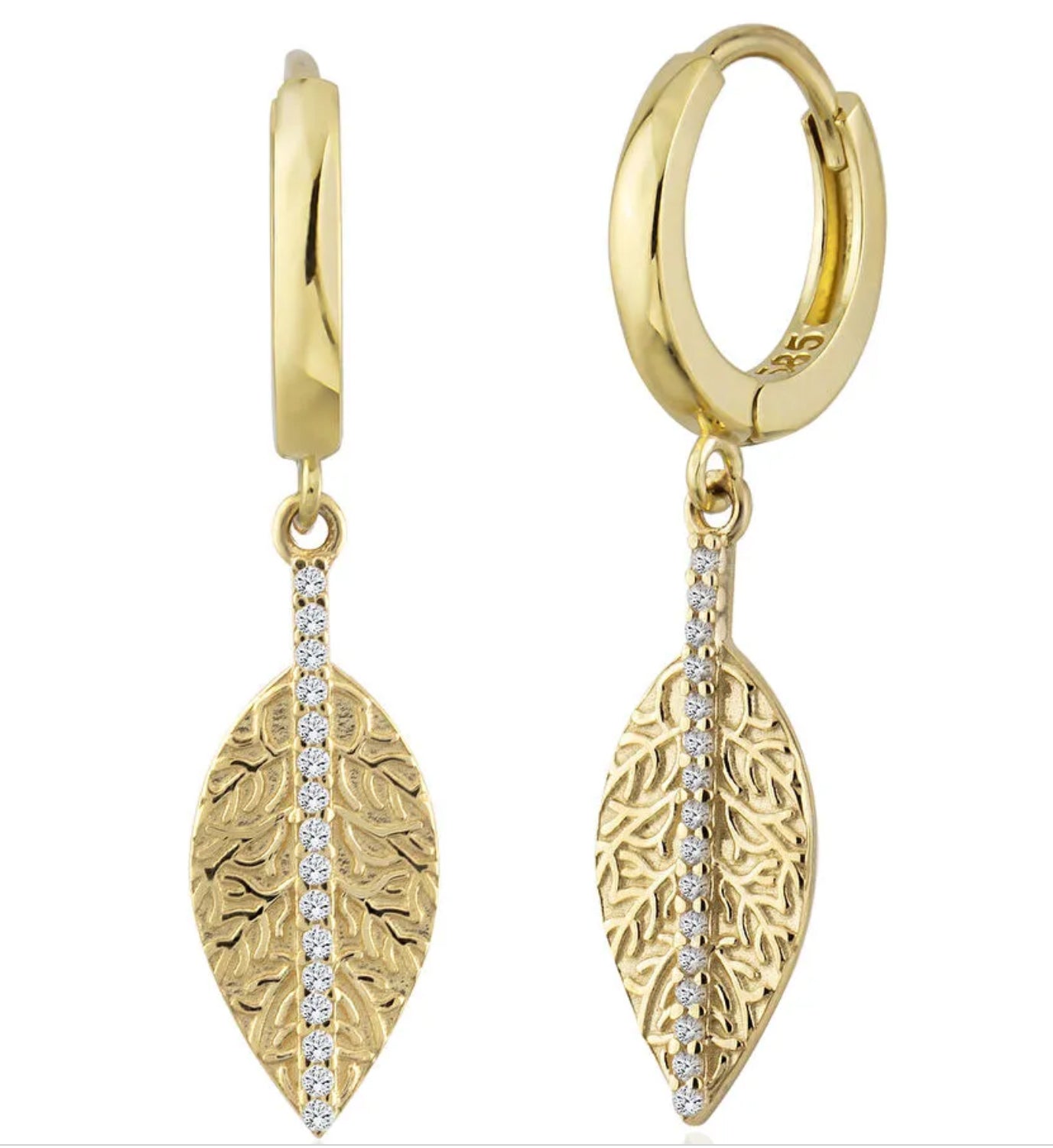14K Solid Gold Hoop Leaf Earring