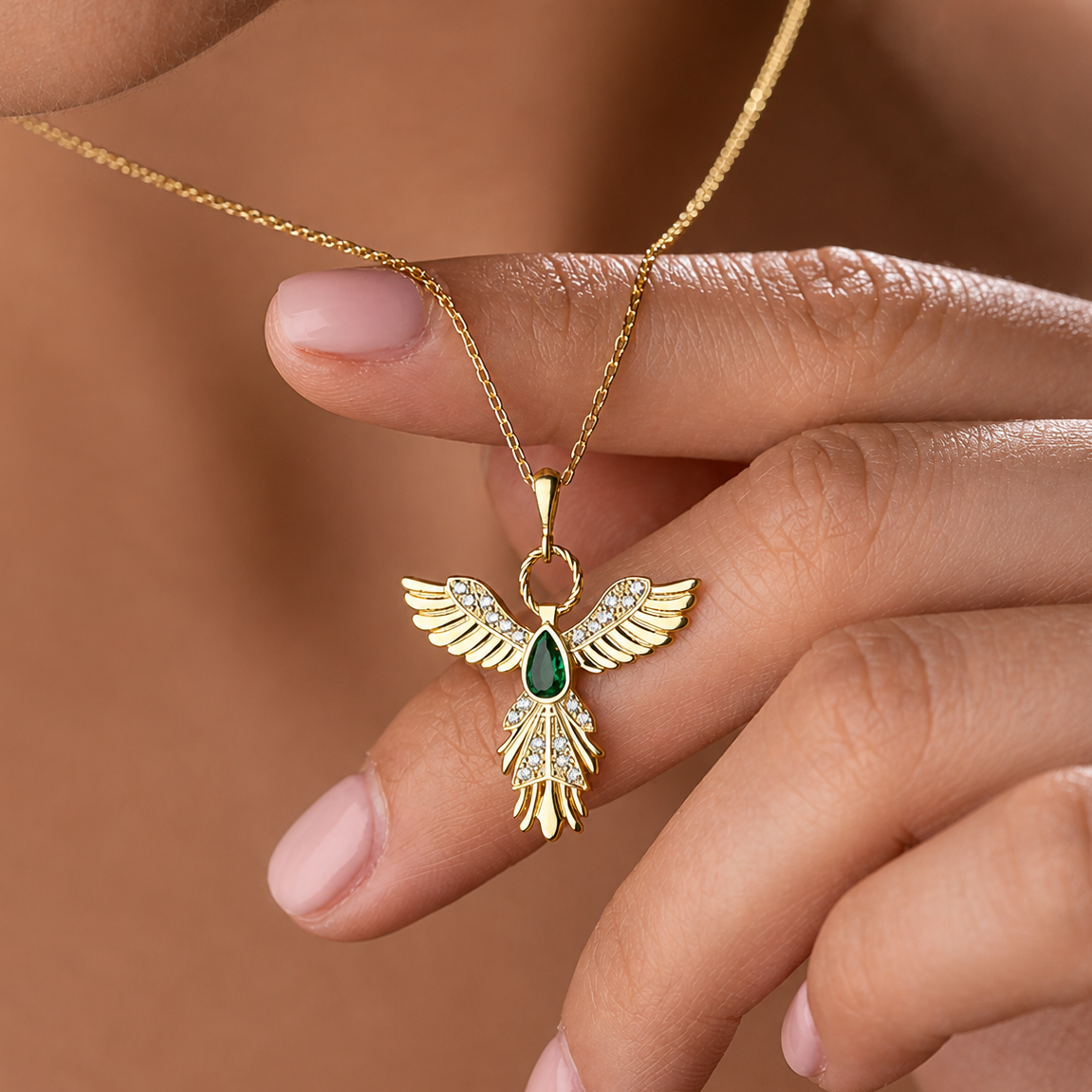 Gold Plated Sterling Silver Phoenix Necklace with Emerald Stone | 925 Silver