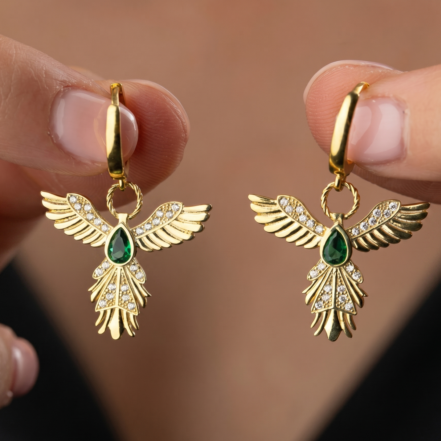 Gold Plated Sterling Silver Phoenix Hoop Earrings with Emerald Stone