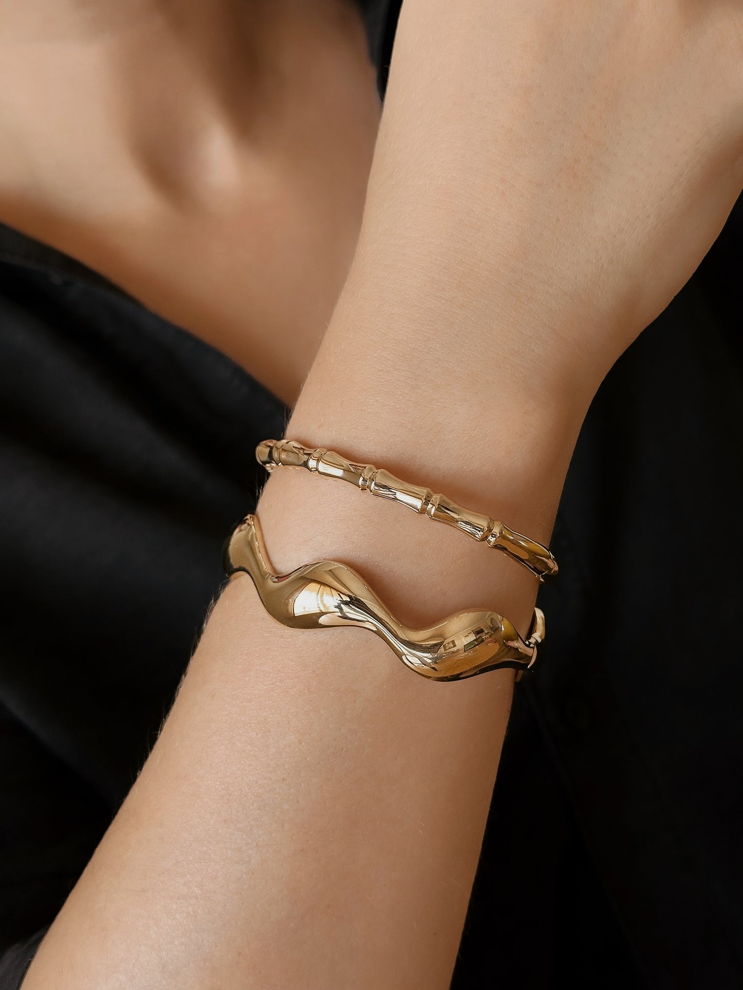 14K Solid Gold Wavy Cuff Bracelet