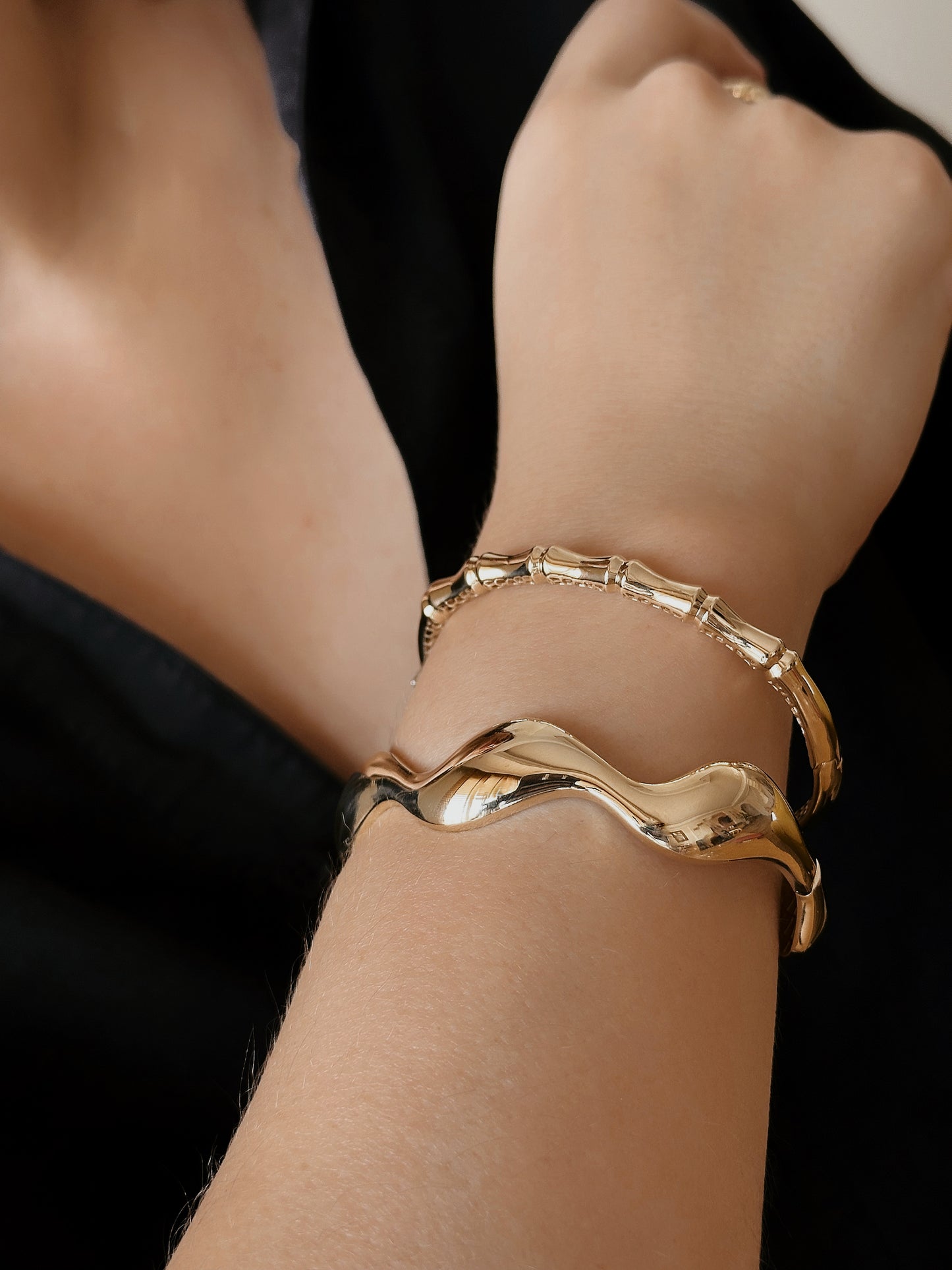 14K Solid Gold Wavy Cuff Bracelet