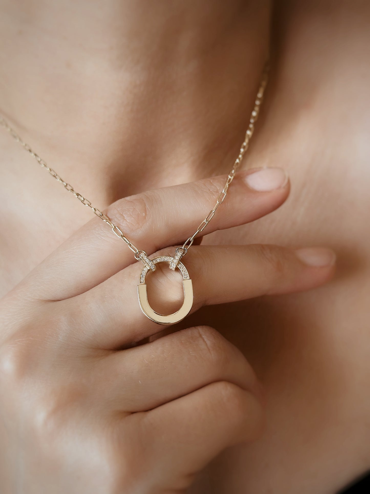 14K Solid Gold Lock Necklace Stone Design O Necklace