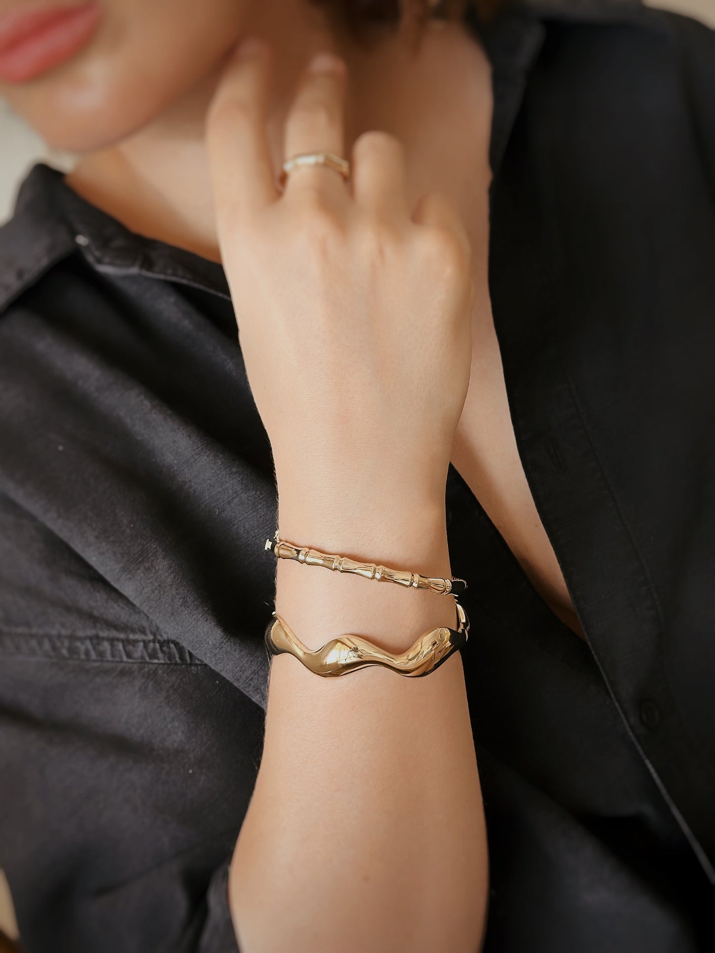 14K Solid Gold Wavy Cuff Bracelet