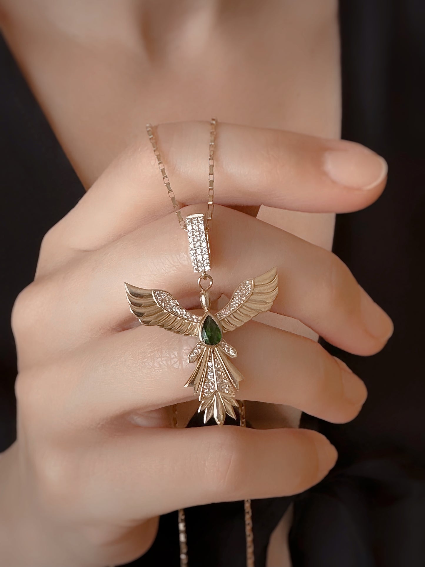 14K Solid Gold Emerald Stone Phoenix Necklace