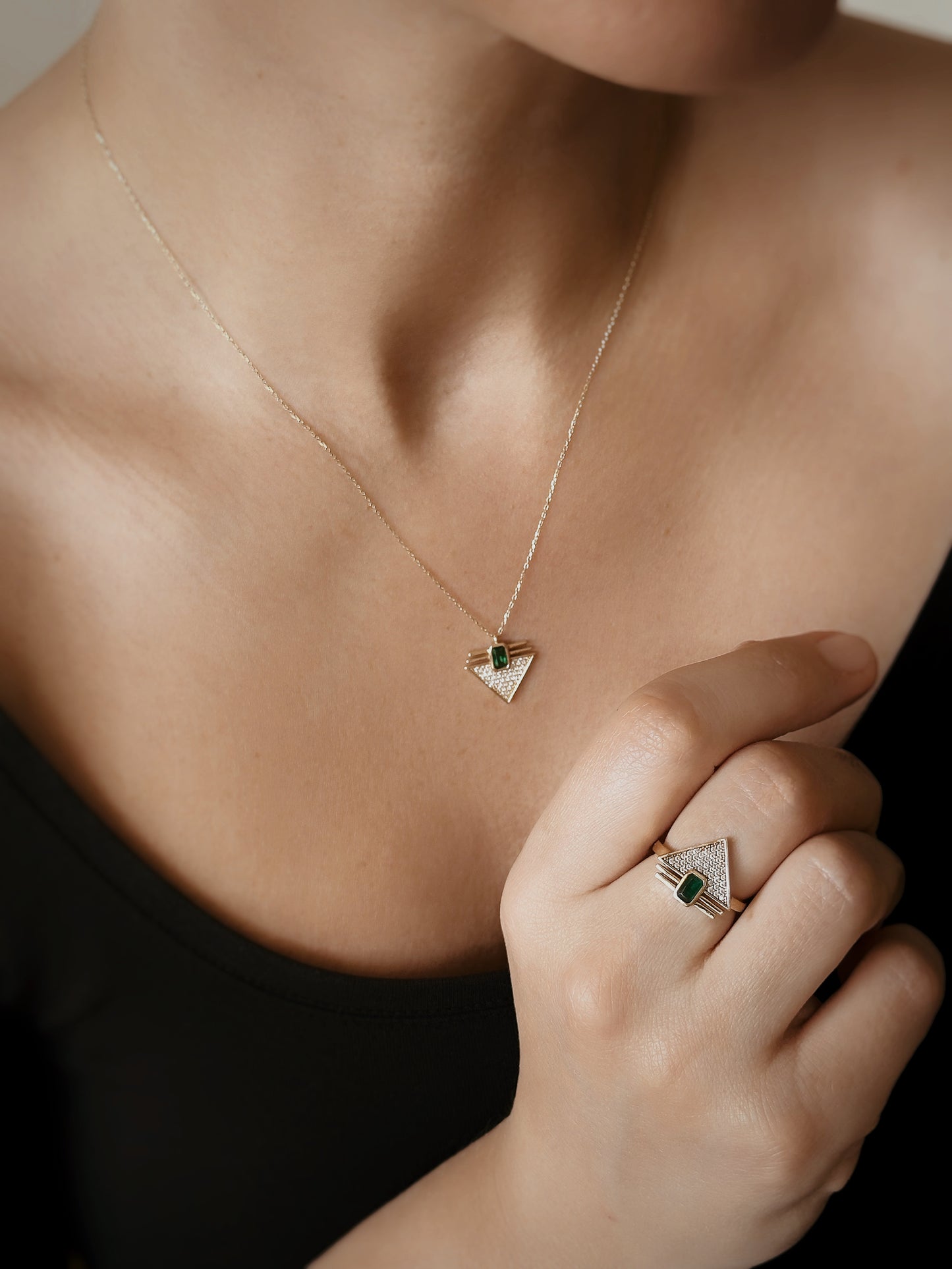 14K Real Yellow Gold Ring, Triangle Ring, Third Eye Ring, Baguette Green Stone Ring