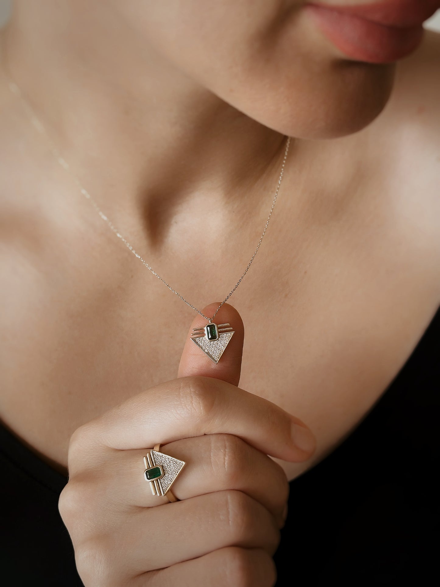 14K Real Yellow Gold Ring, Triangle Ring, Third Eye Ring, Baguette Green Stone Ring