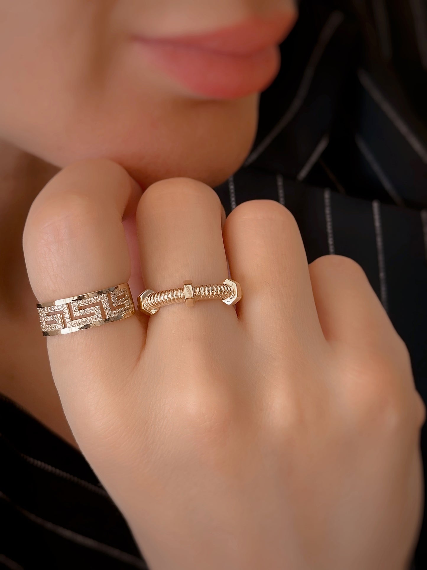 14k Solid Gold Greek Key Gold Ring And Screw Ring