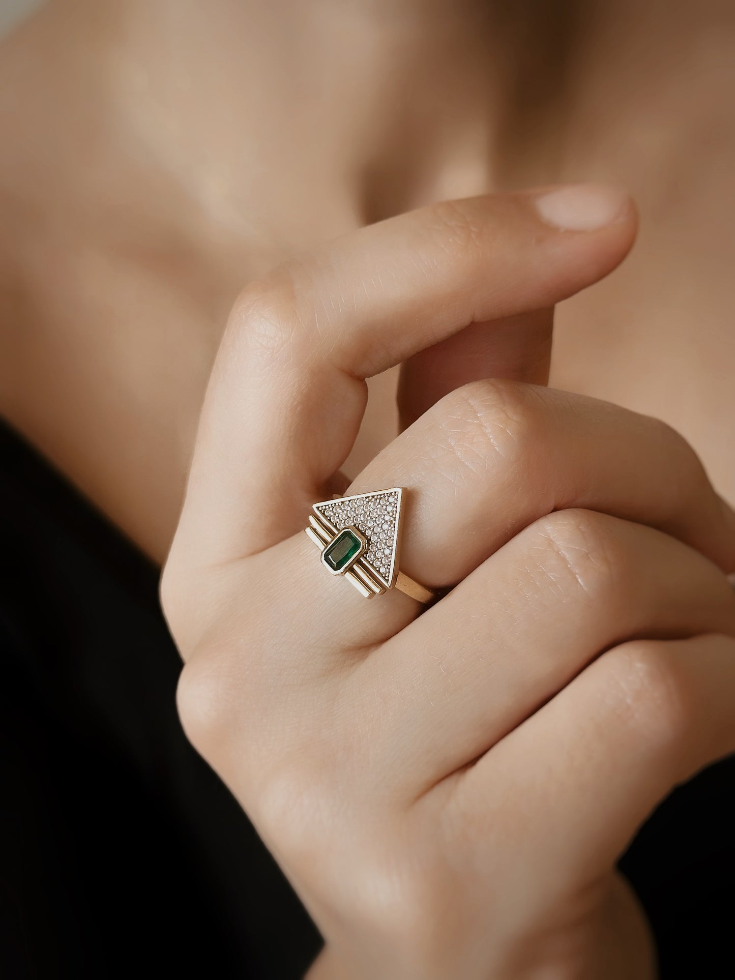 14K Real Yellow Gold Ring, Triangle Ring, Third Eye Ring, Baguette Green Stone Ring