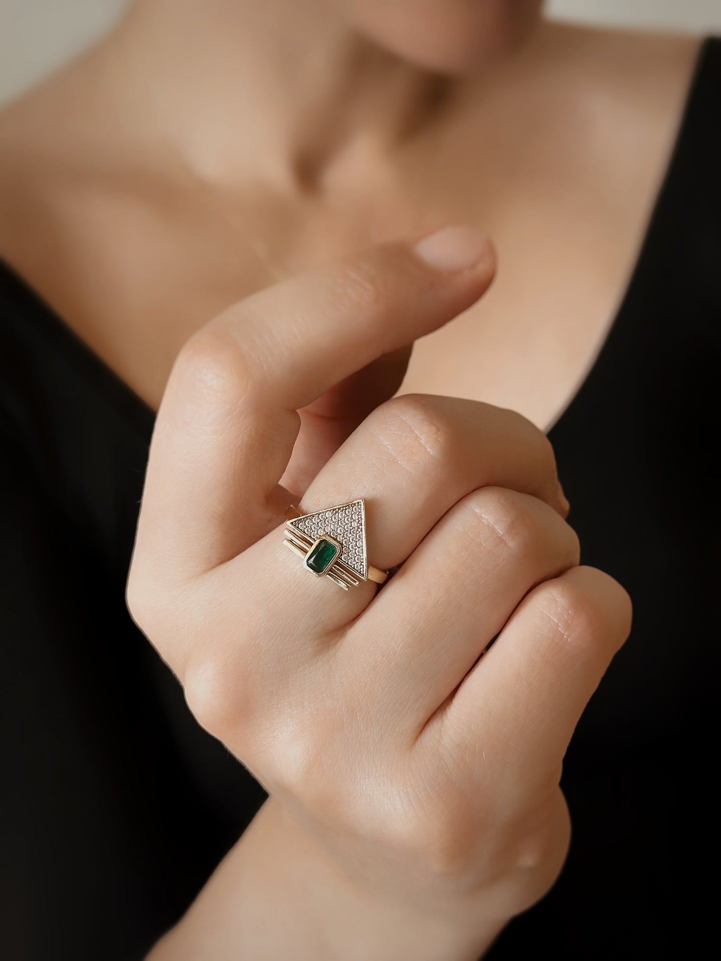 14K Real Yellow Gold Ring, Triangle Ring, Third Eye Ring, Baguette Green Stone Ring