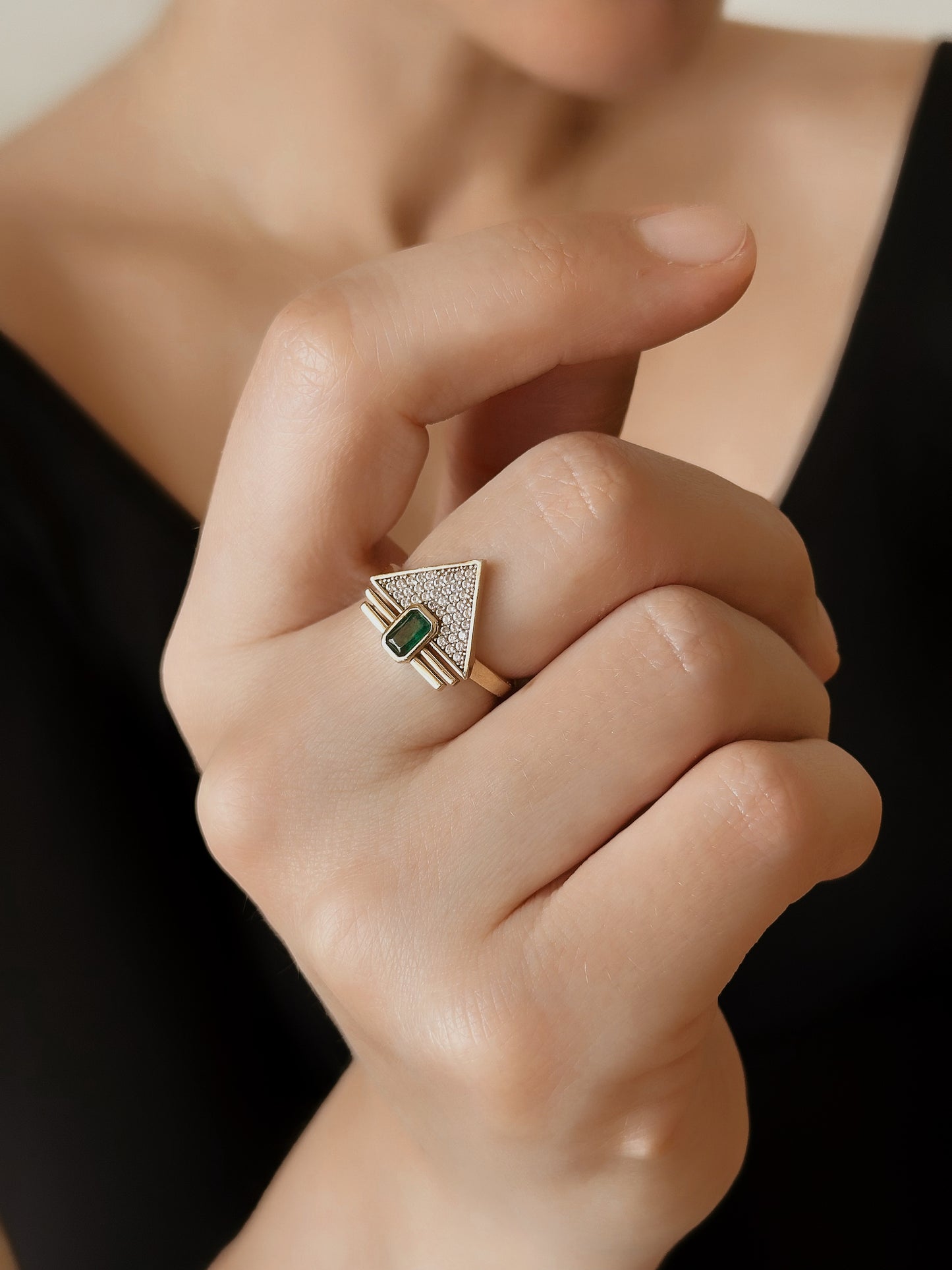 14K Real Yellow Gold Ring, Triangle Ring, Third Eye Ring, Baguette Green Stone Ring