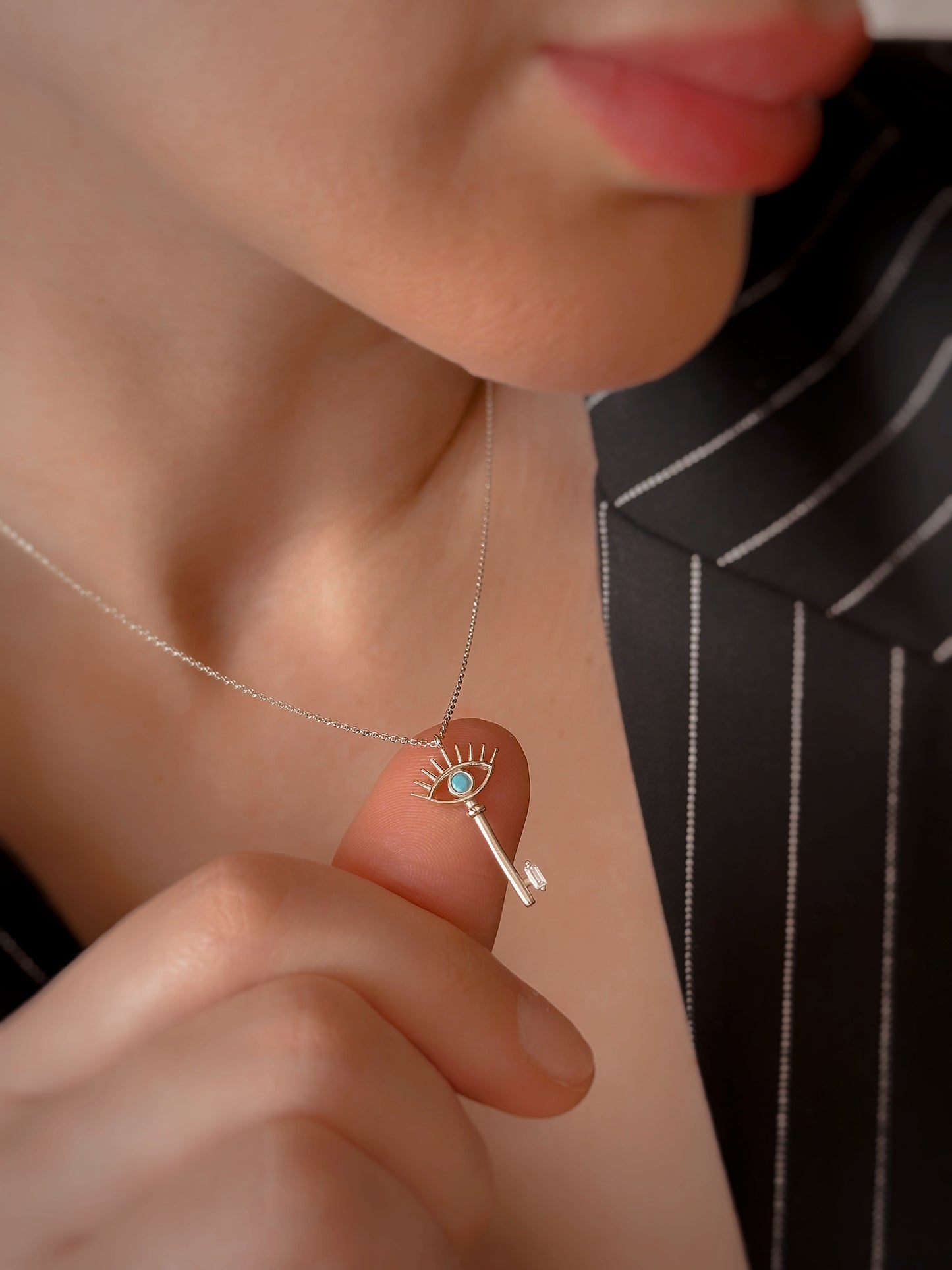 14K Solid Gold Eye Key Necklace