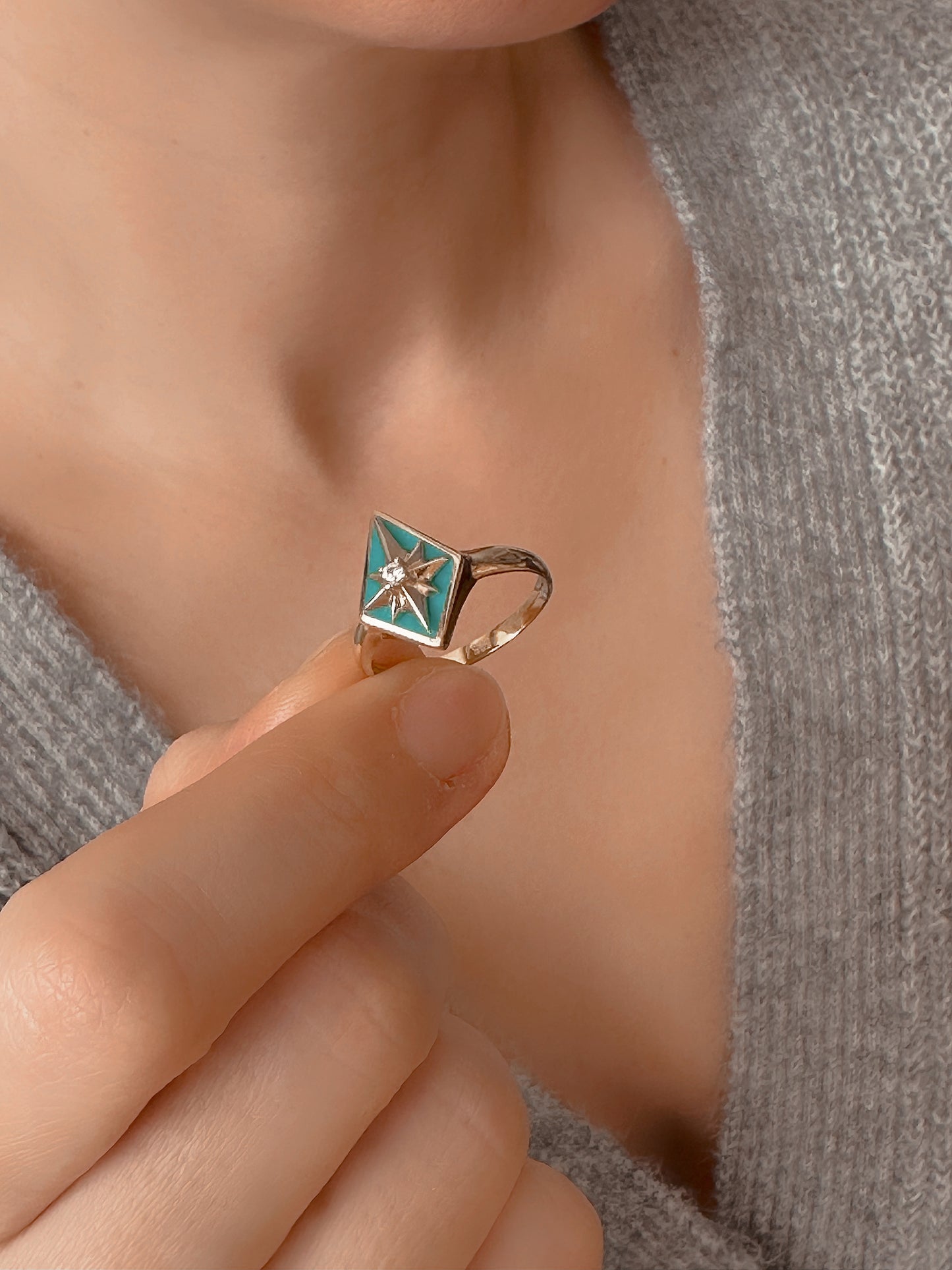 14K Solid Gold Turquoise North Star Ring