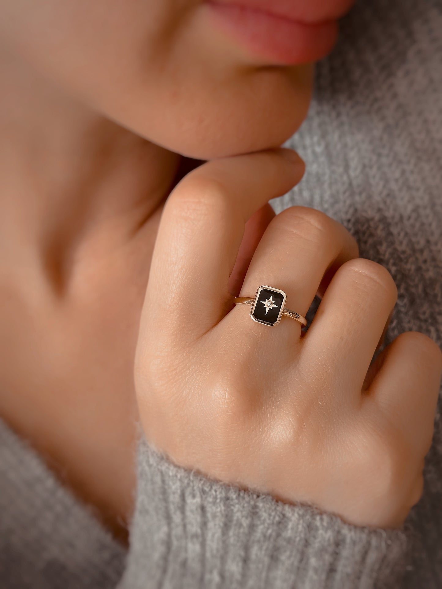 14K Solid Gold Black Enamel North Star Ring