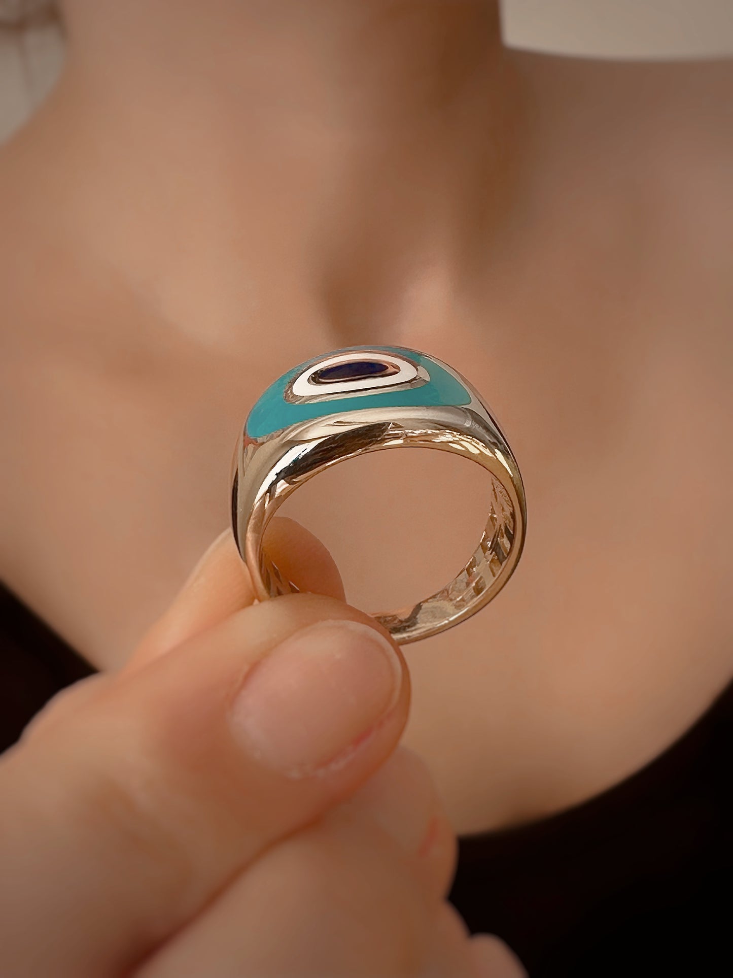 14K Solid Gold Thick Dome Ring, Enamel Lucky Eye Gold Ring