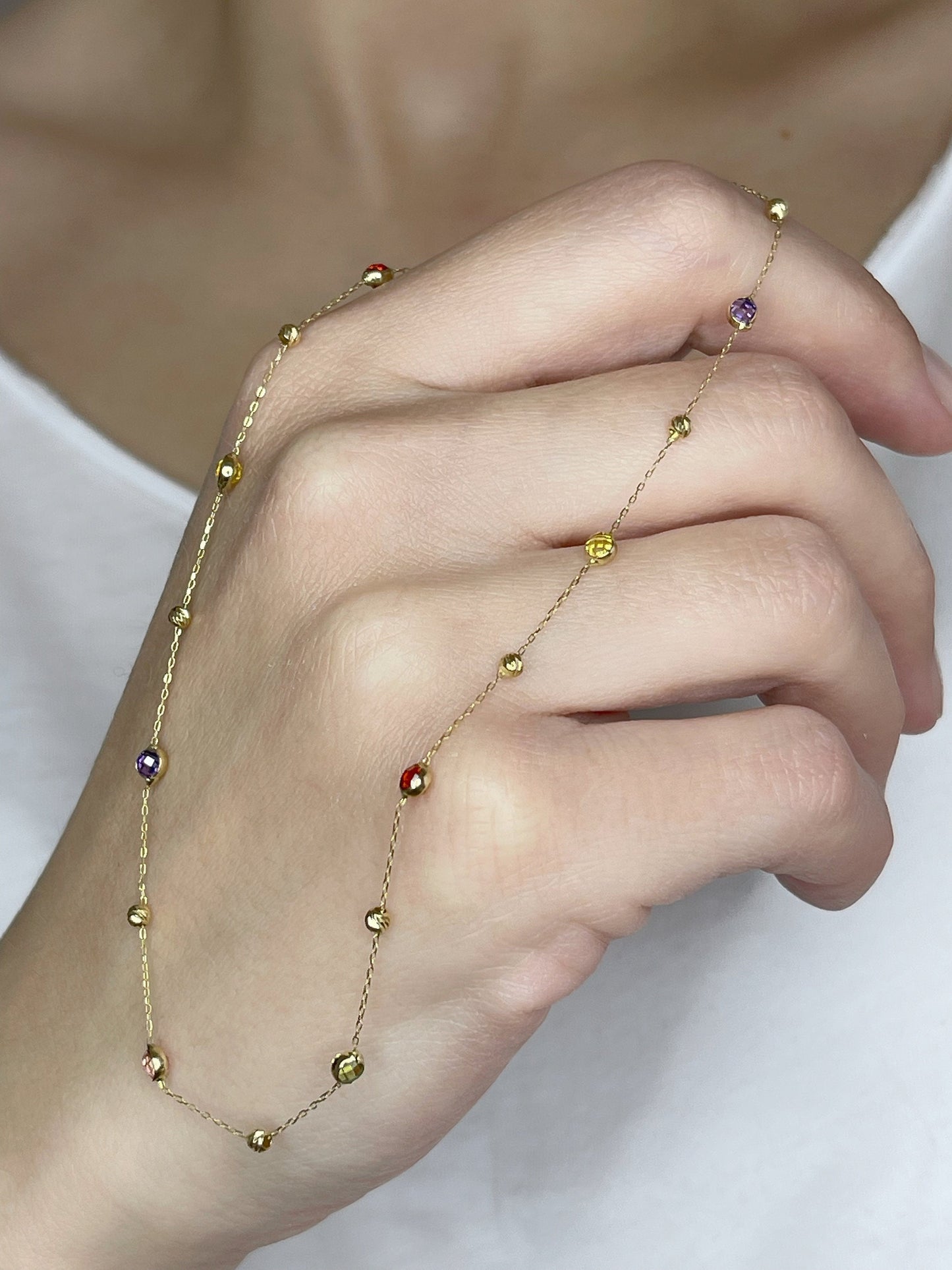 14k Gold Colored Gemstone Station Necklace Chain