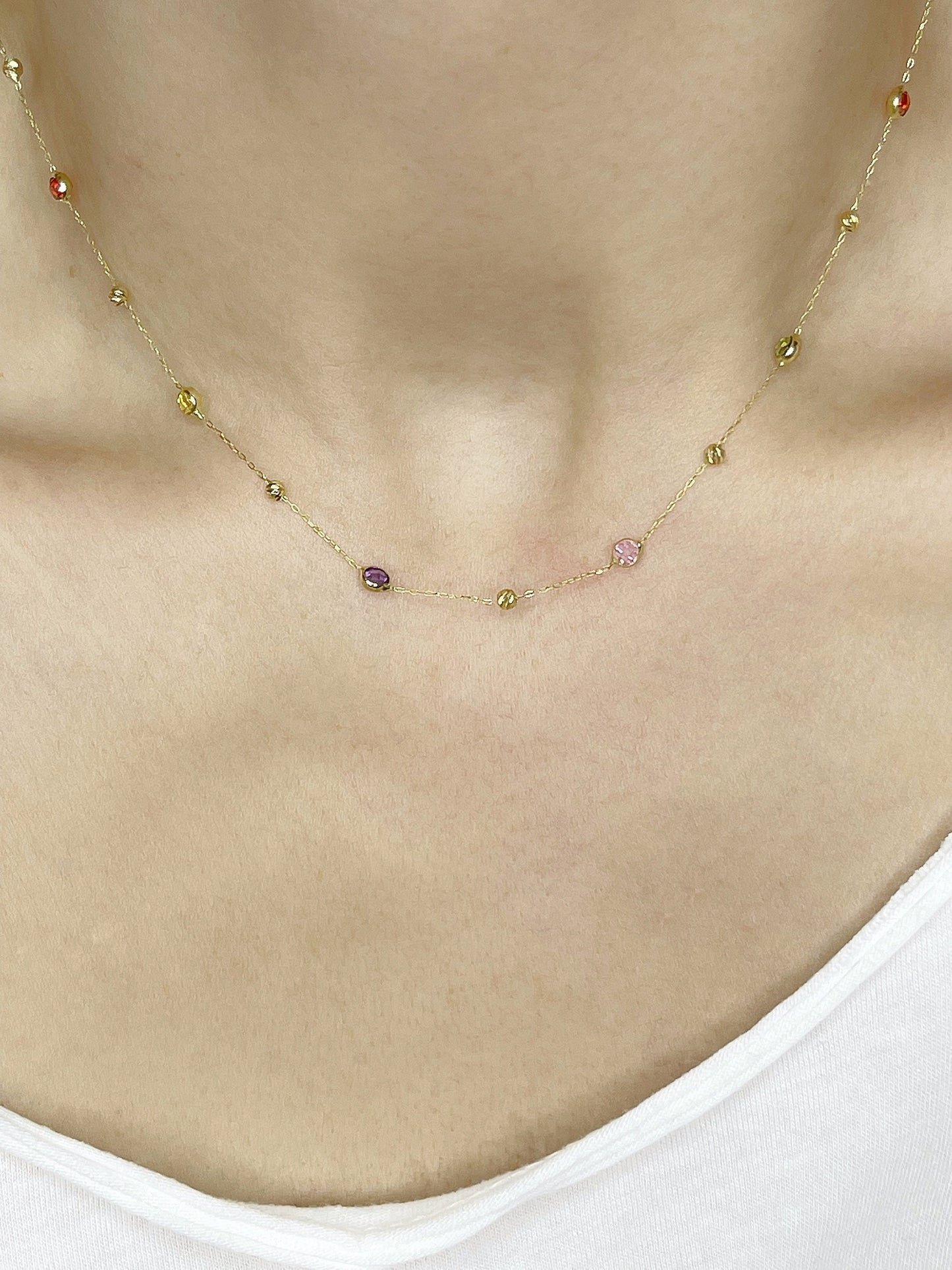 14k Gold Colored Gemstone Station Necklace Chain