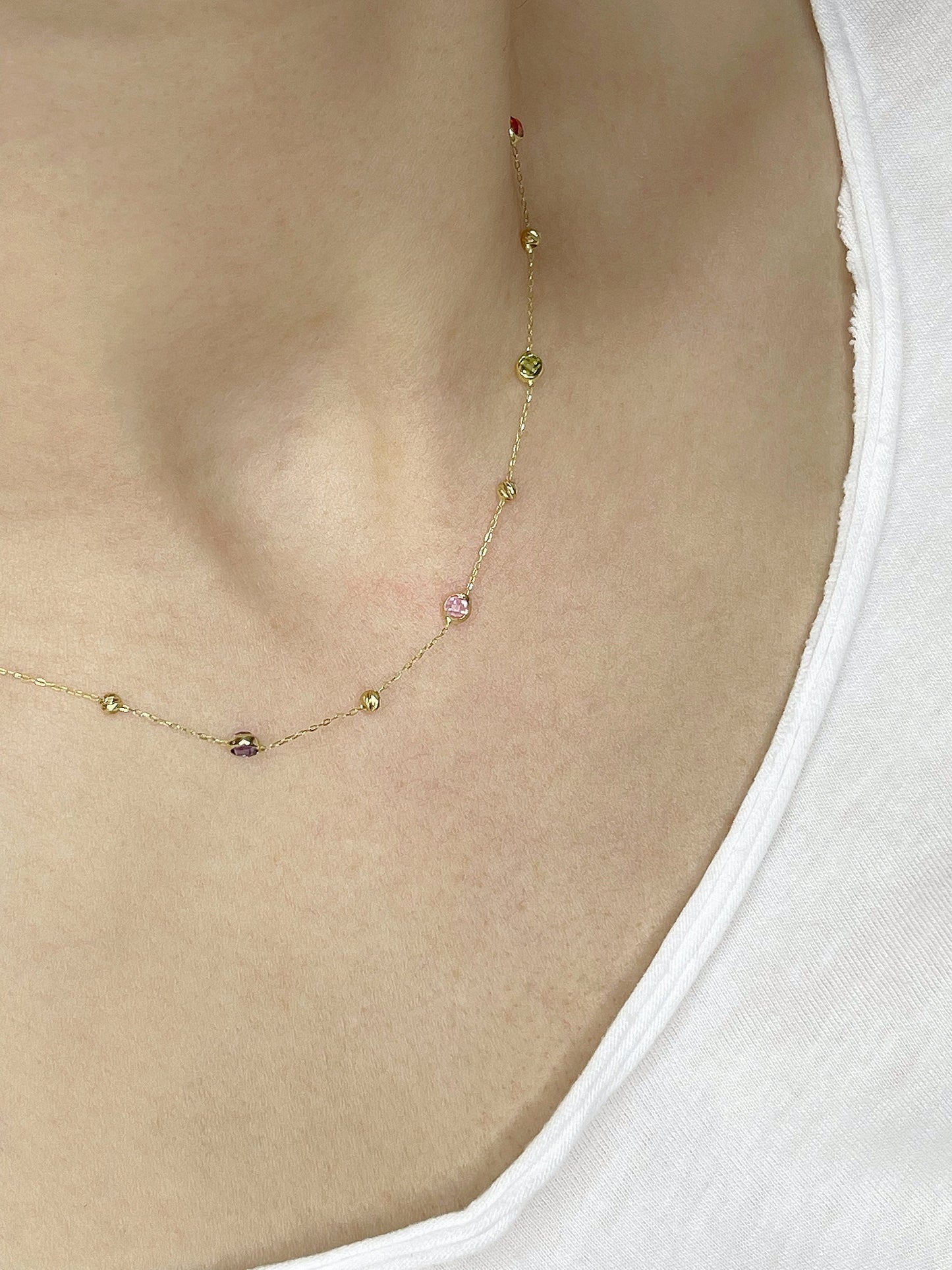 14k Gold Colored Gemstone Station Necklace Chain
