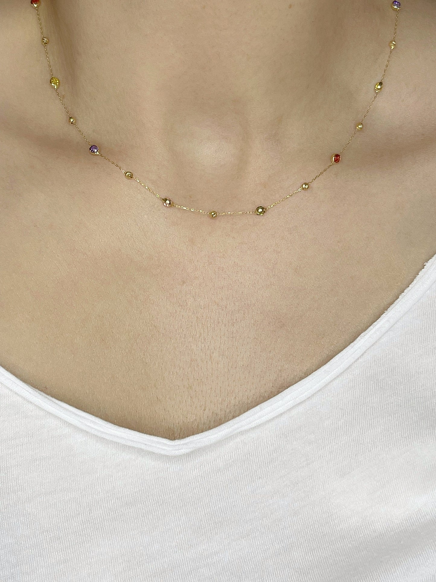 14k Gold Colored Gemstone Station Necklace Chain