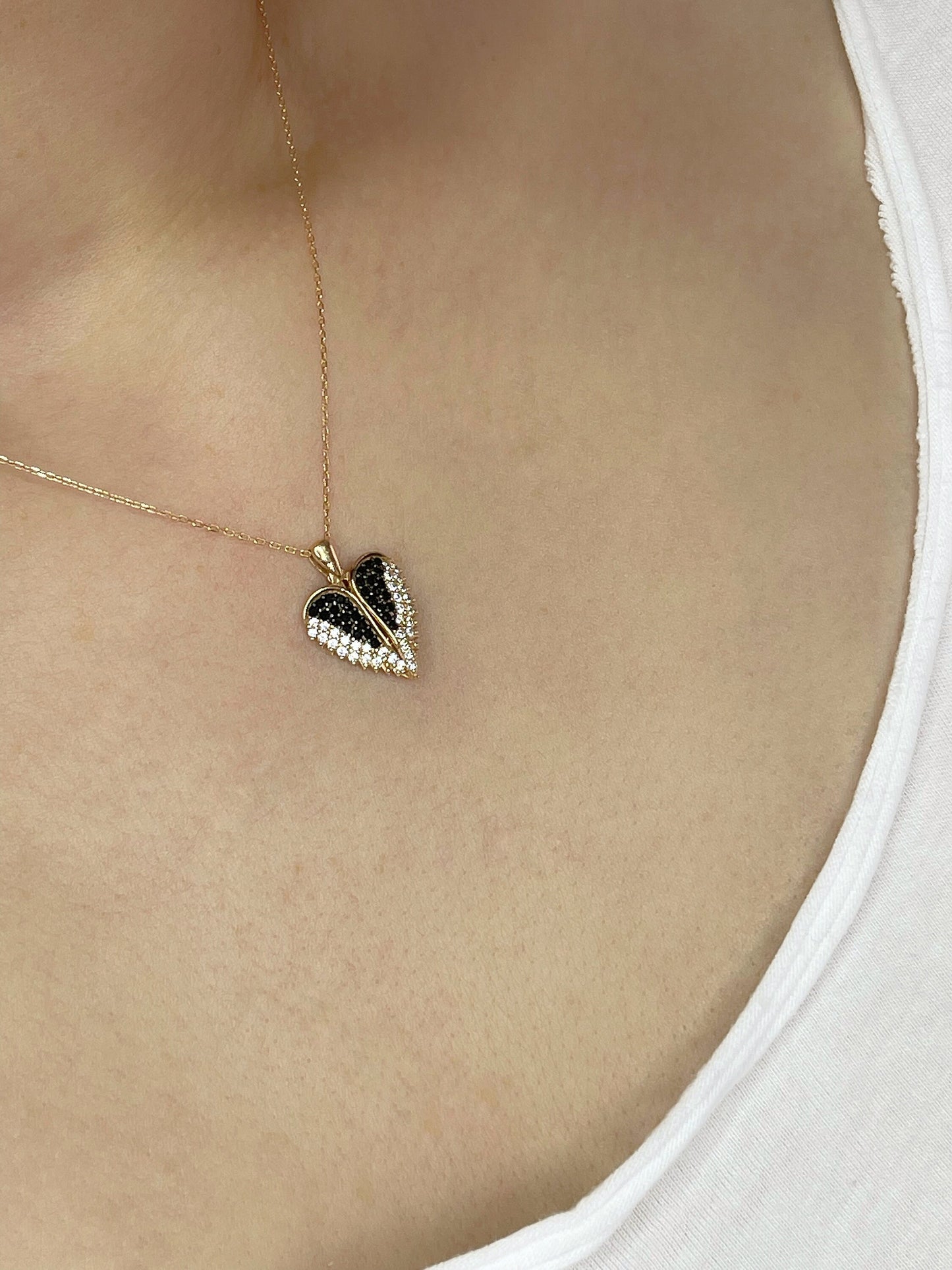 14k Solid Gold Valentine Gift Gold, Open Angel Wing Heart Pendant