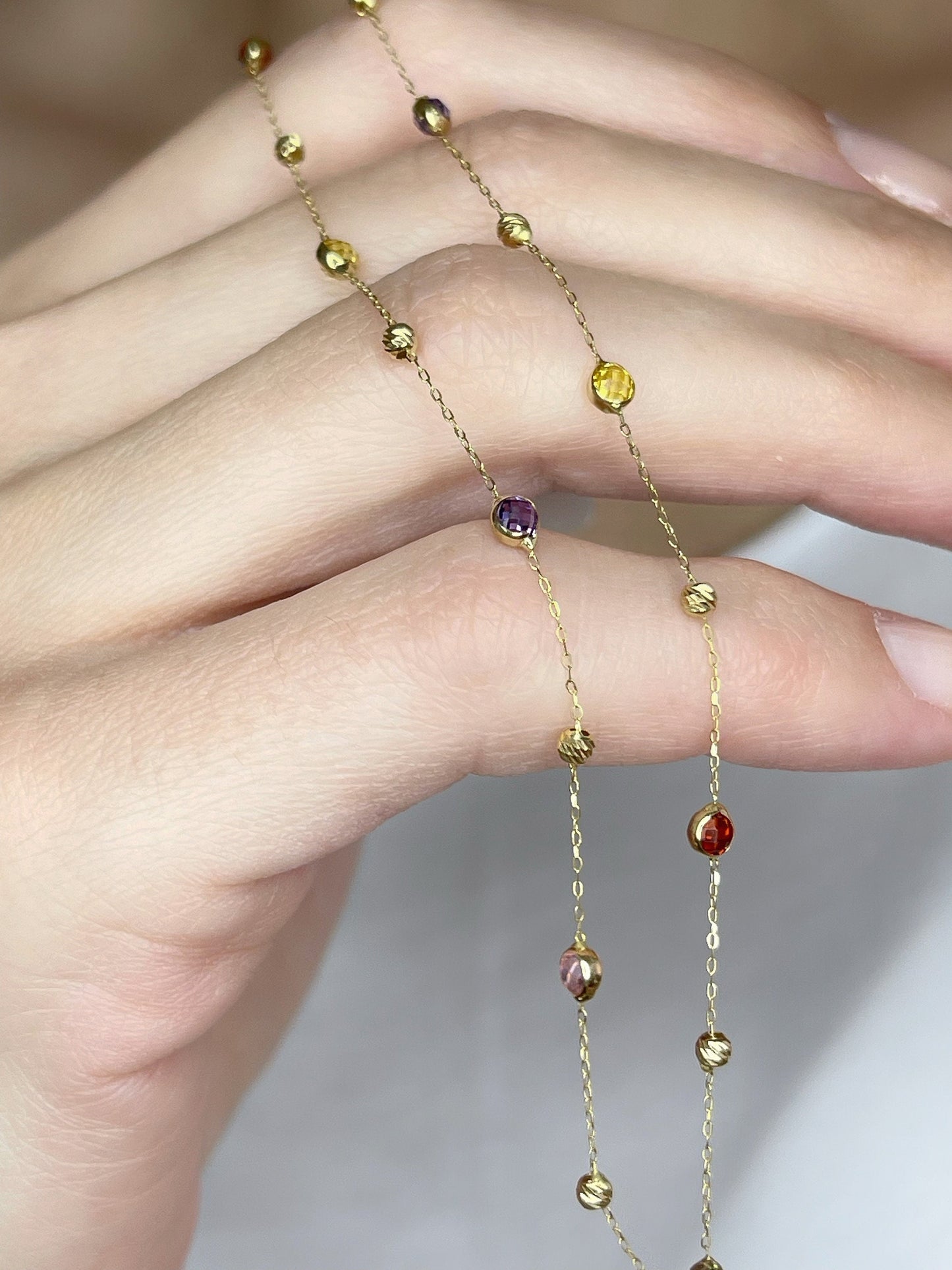 14k Gold Colored Gemstone Station Necklace Chain