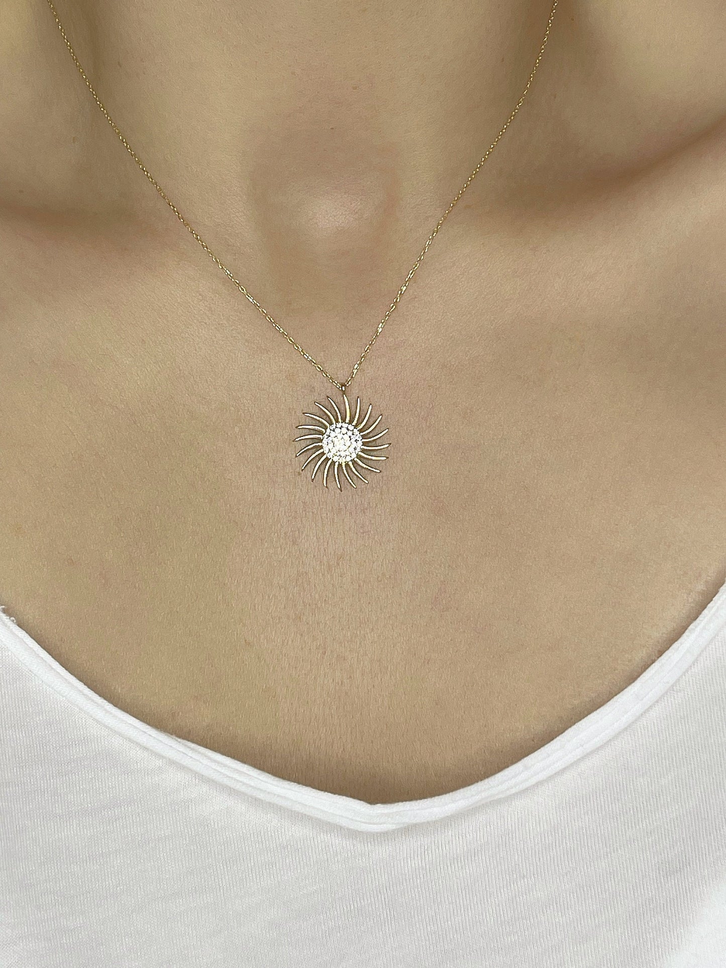 14K Real Solid Gold Sun Pendant Necklace for Women