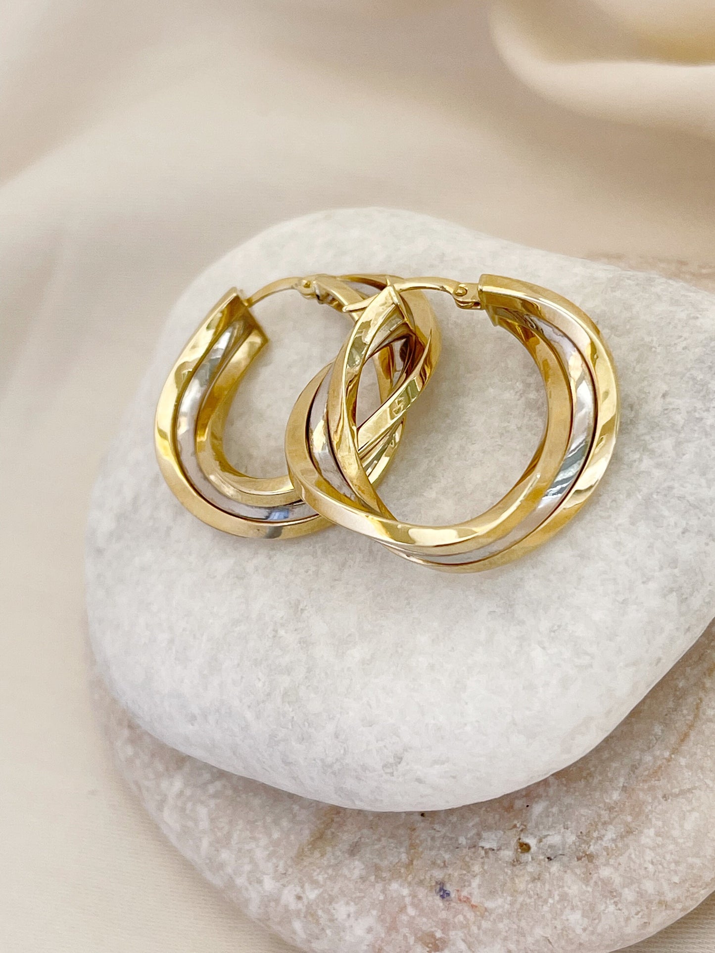 14K Solid Gold Double Hoop Earrings Two-Color Hoop Earrings