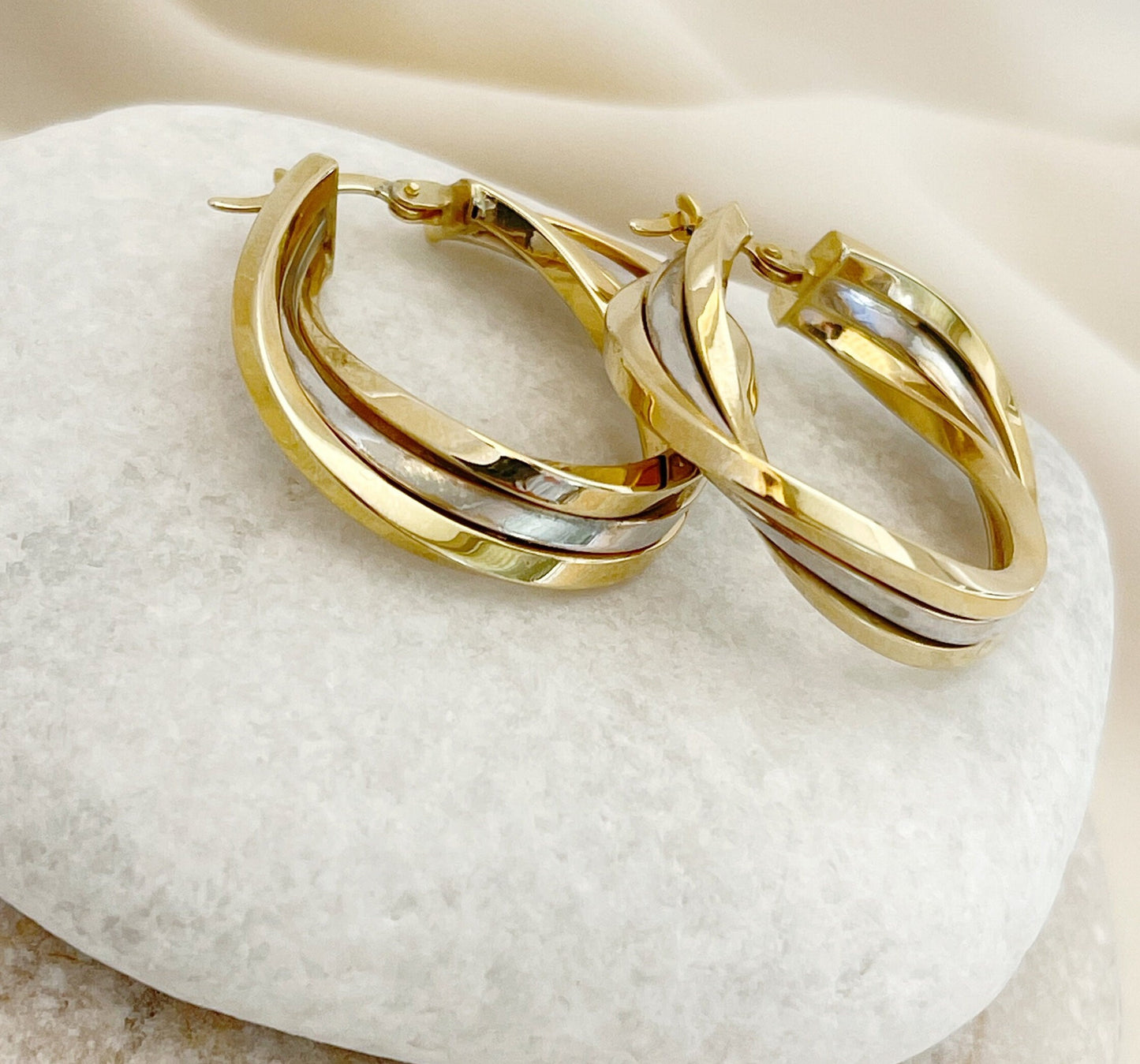 14K Solid Gold Double Hoop Earrings Two-Color Hoop Earrings