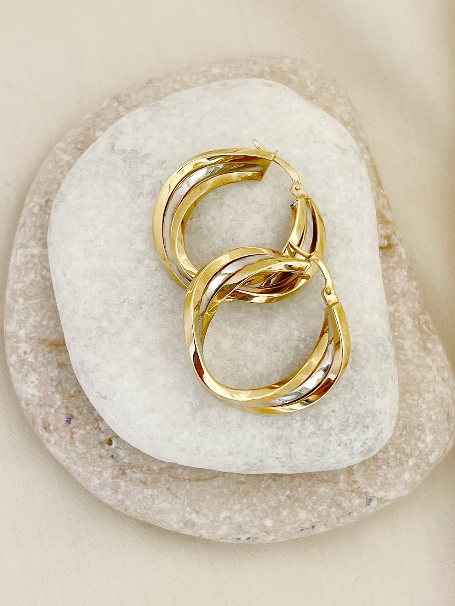 14K Solid Gold Double Hoop Earrings Two-Color Hoop Earrings