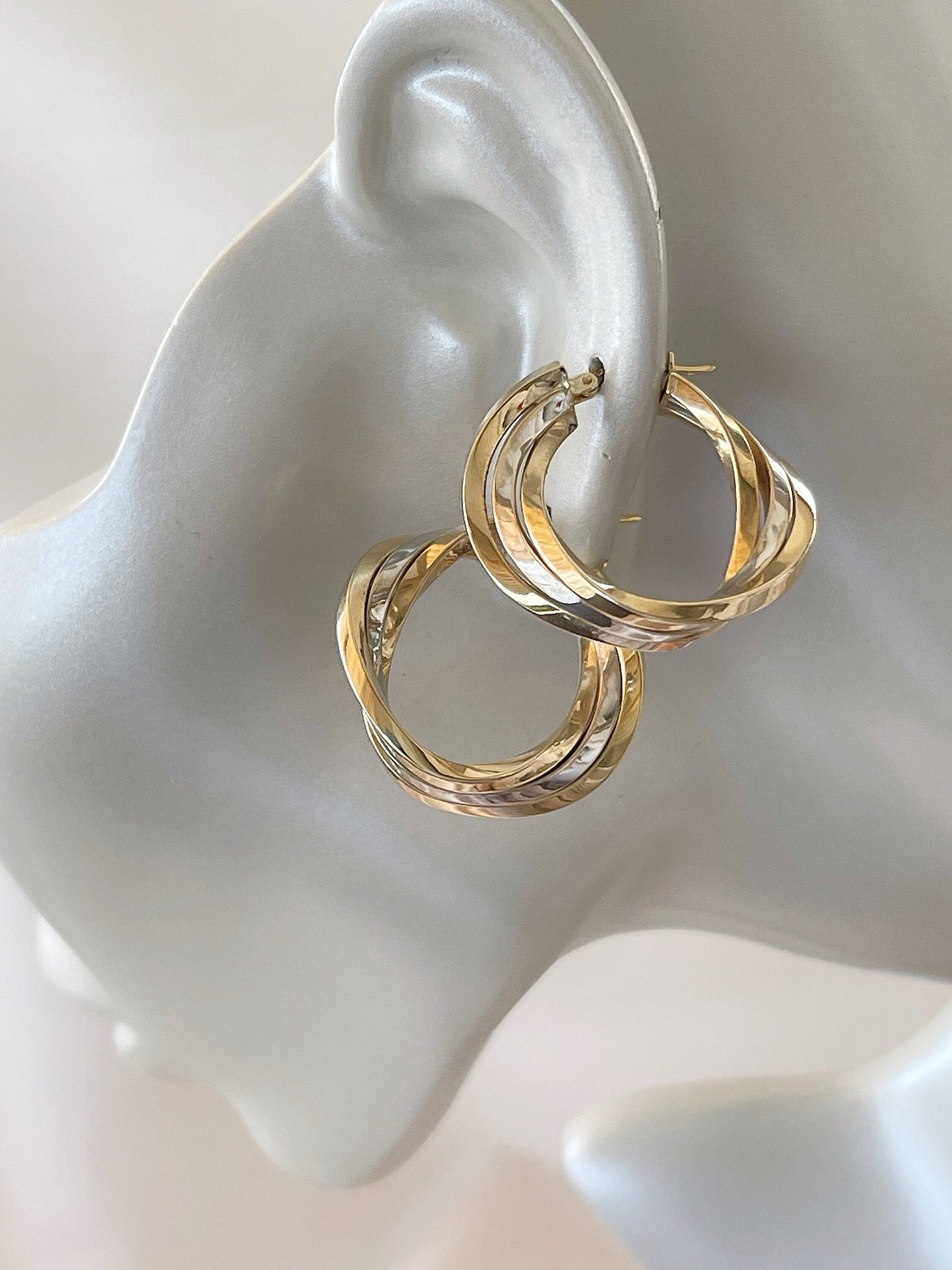 14K Solid Gold Double Hoop Earrings Two-Color Hoop Earrings