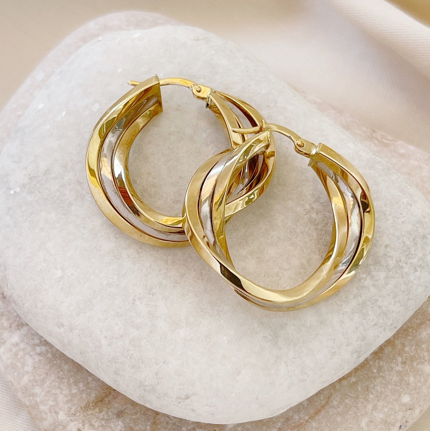 14K Solid Gold Double Hoop Earrings Two-Color Hoop Earrings