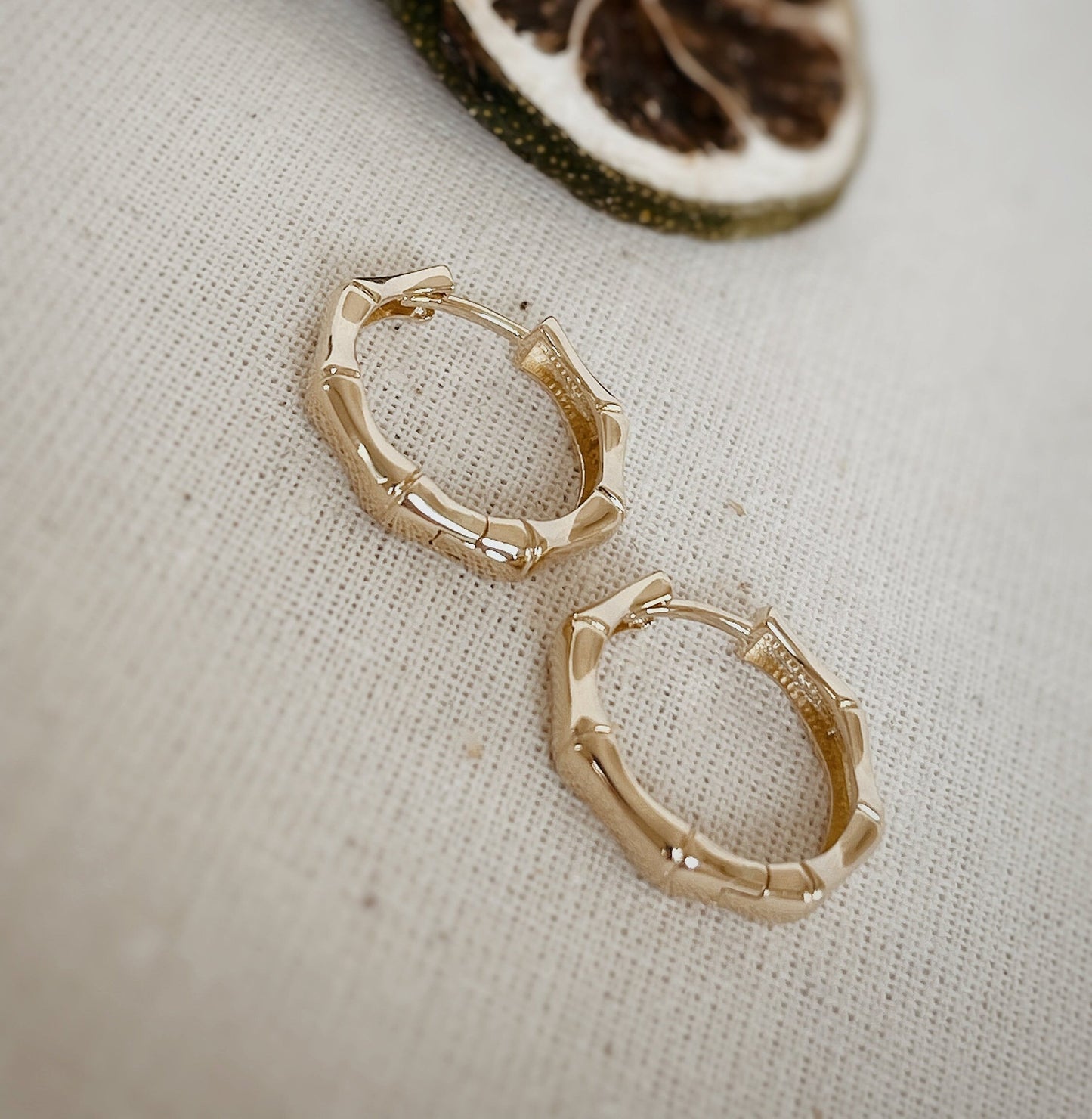 14K Solid Gold Bamboo Style Hoop Earrings