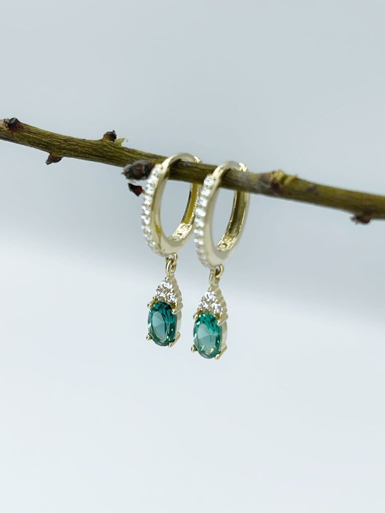 Dangle Emerald Earring, 14K Solid Gold Emerald Earring