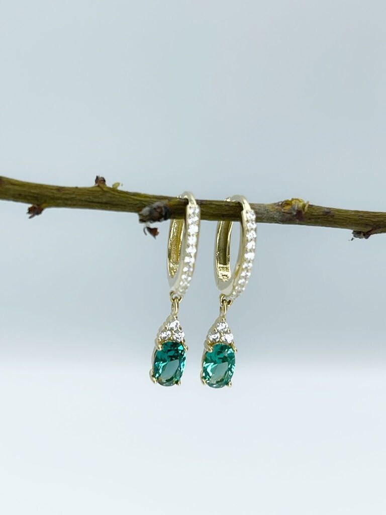 Dangle Emerald Earring, 14K Solid Gold Emerald Earring