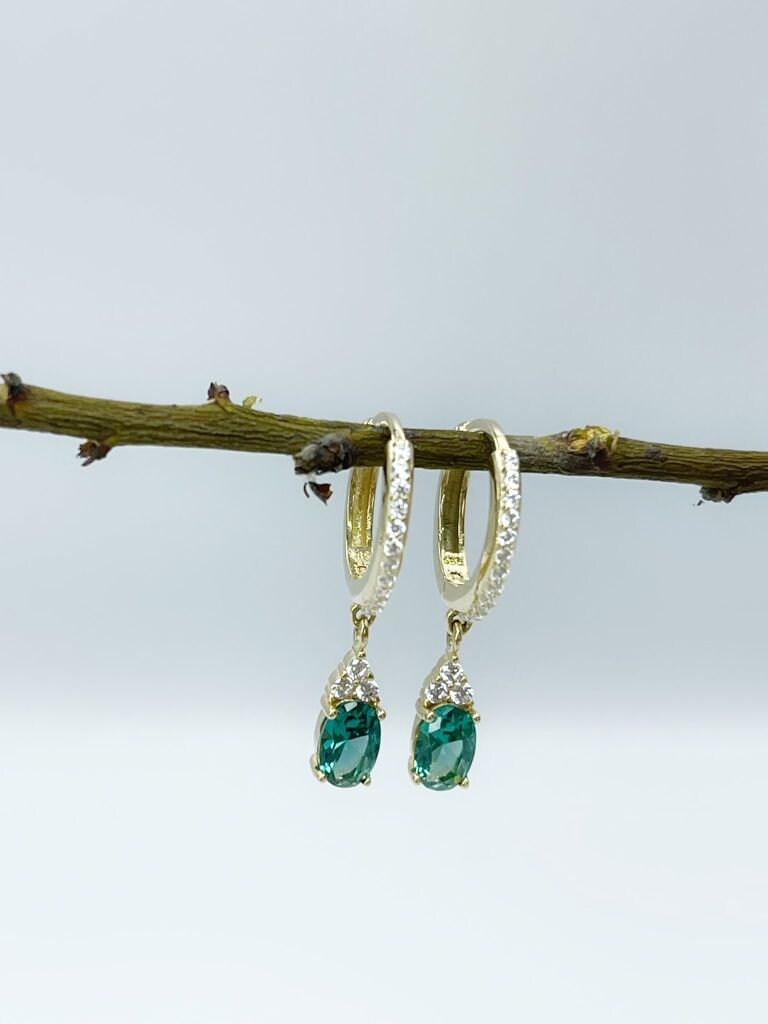 Dangle Emerald Earring, 14K Solid Gold Emerald Earring