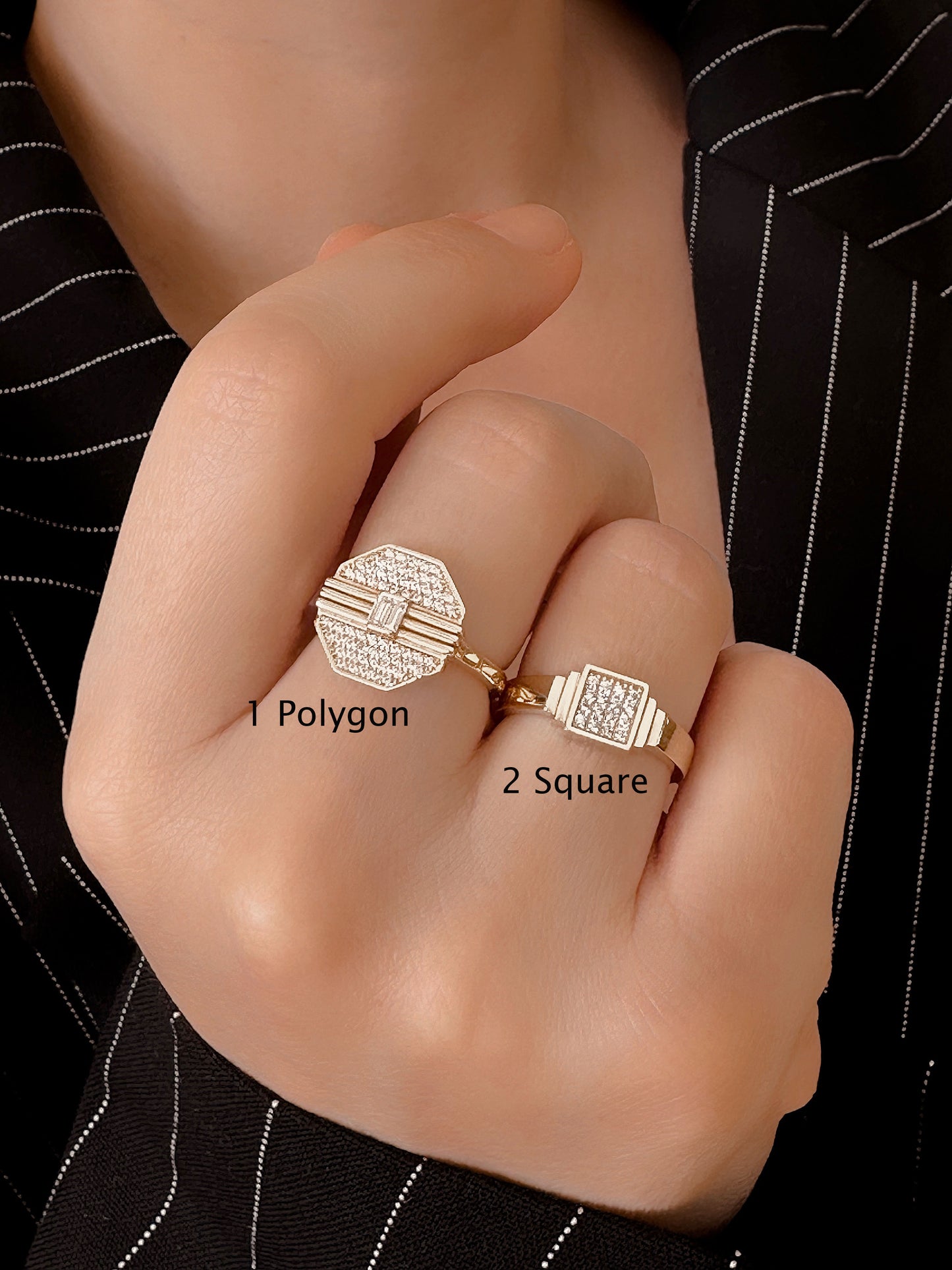 14K Solid Gold Polygon And Square Design Stacking Ring Set