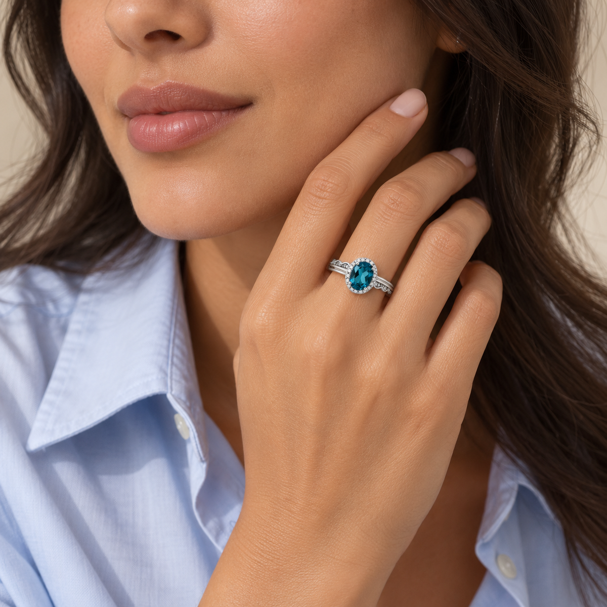 Natural Blue Apatite Ring in 925 Sterling Silver – Adjustable Oval Halo Ring
