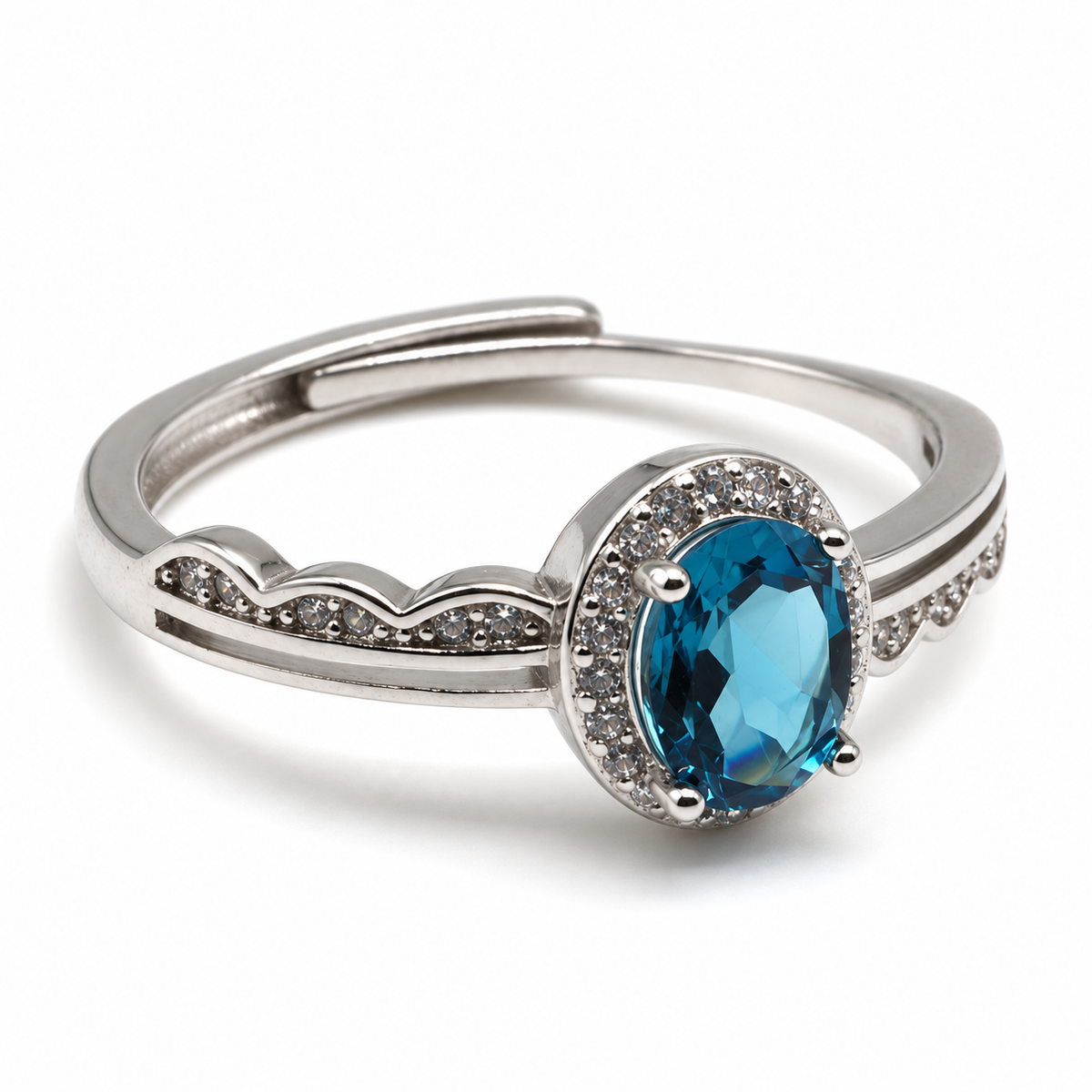 Natural Blue Apatite Ring in 925 Sterling Silver – Adjustable Oval Halo Ring