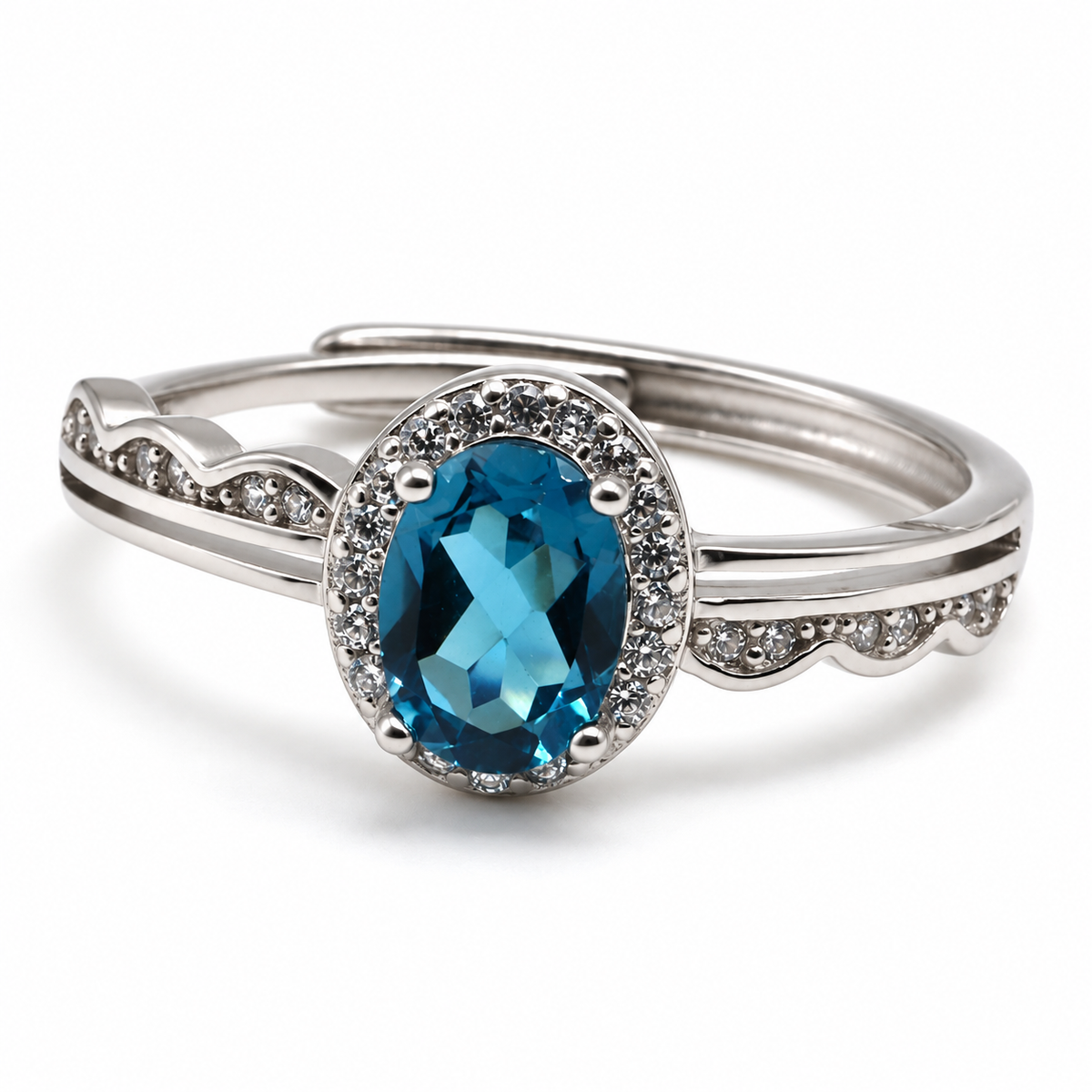 Natural Blue Apatite Ring in 925 Sterling Silver – Adjustable Oval Halo Ring