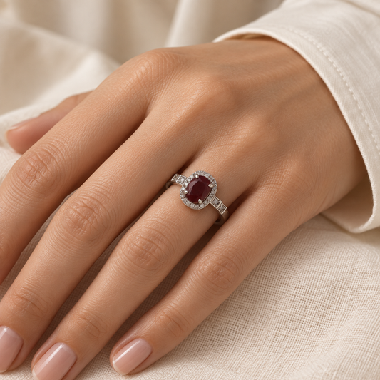 Natural Ruby Halo Ring in 925 Sterling Silver – Adjustable July Birthstone Ring