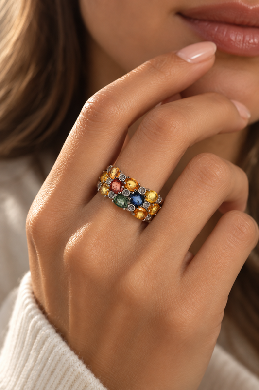 Natural Sapphire Adjustable Ring – 925 Sterling Silver Multicolor Gemstone Ring