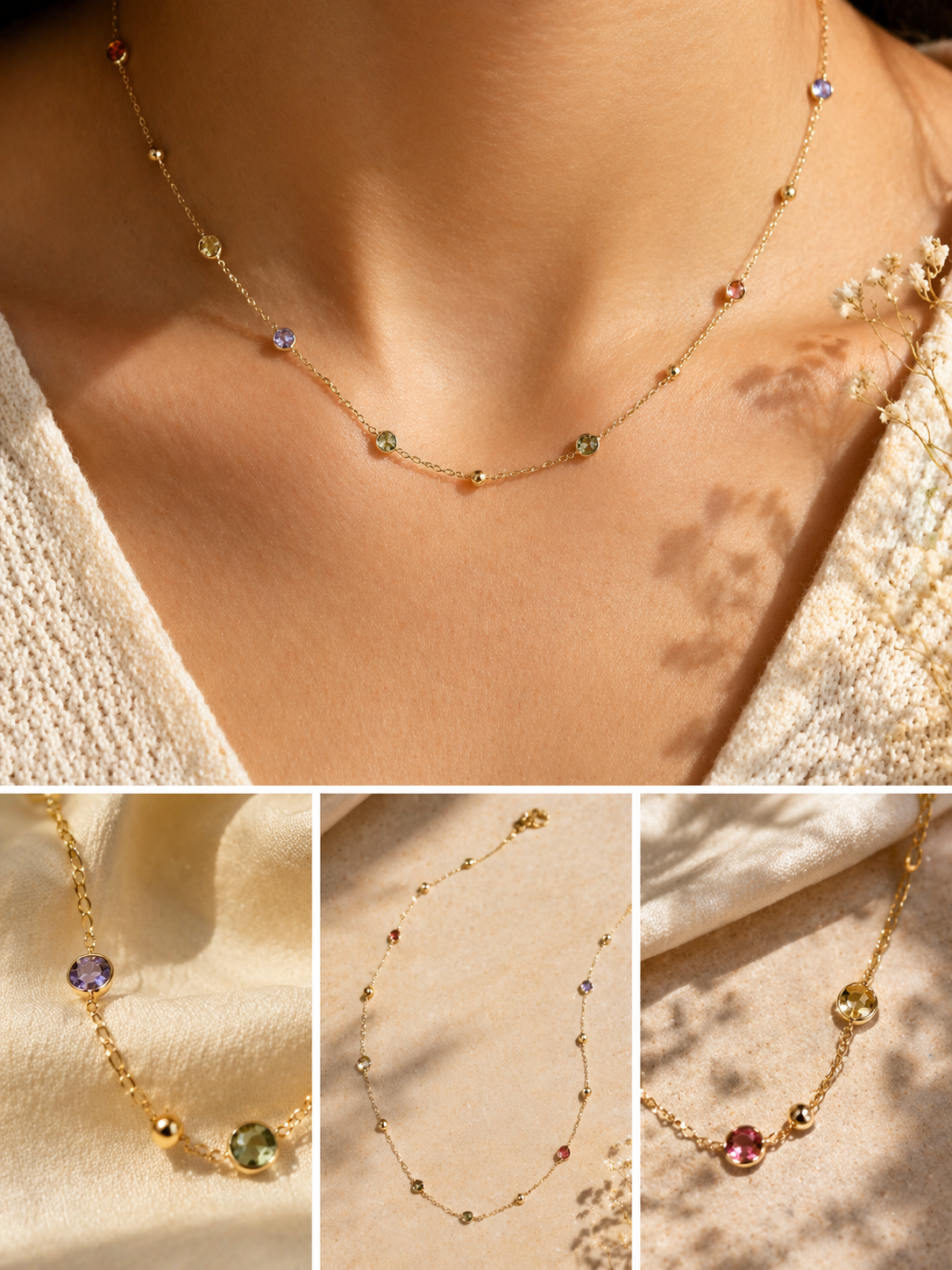 14K Gold Gemstone Station Necklace