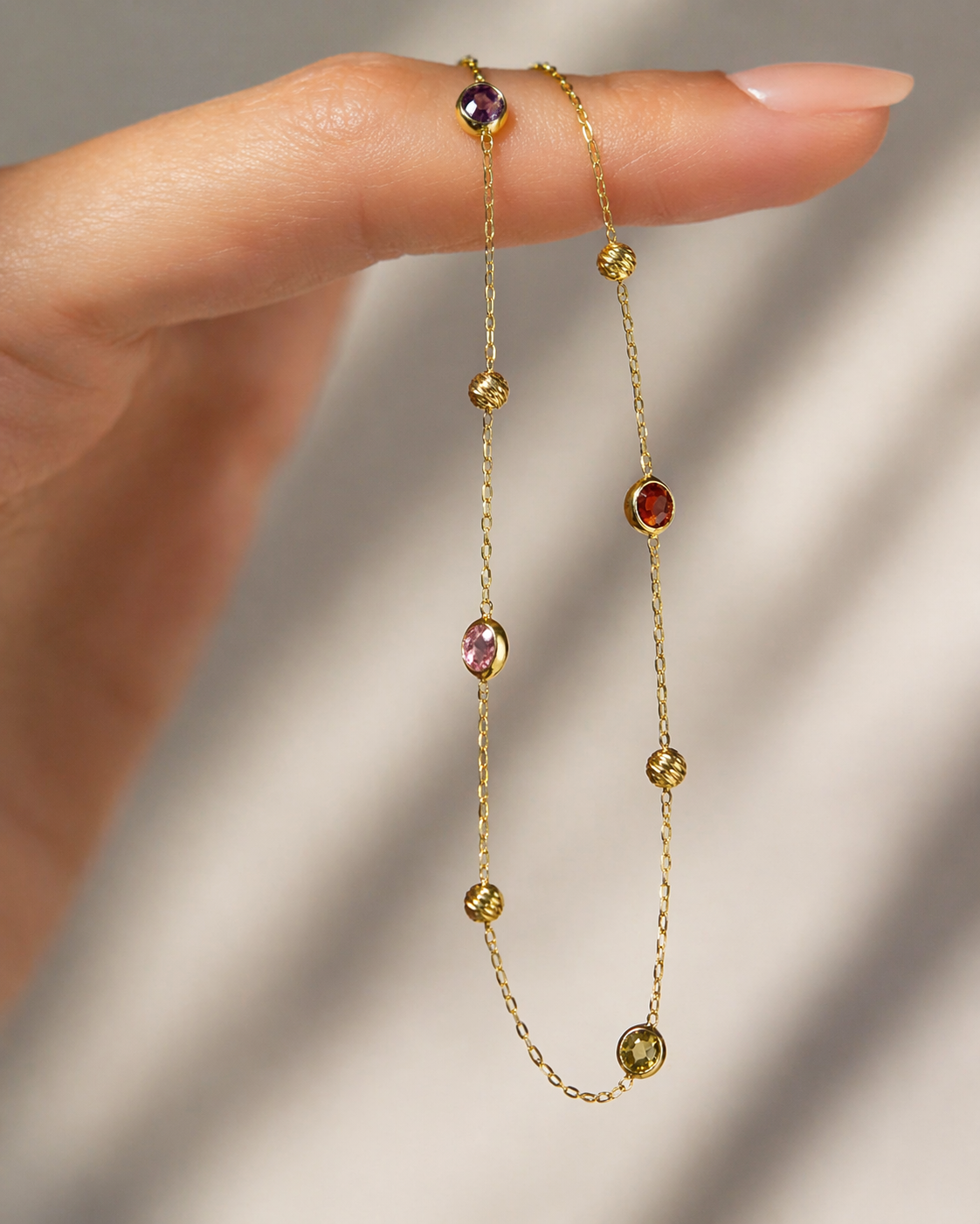 14K Gold Gemstone Station Necklace