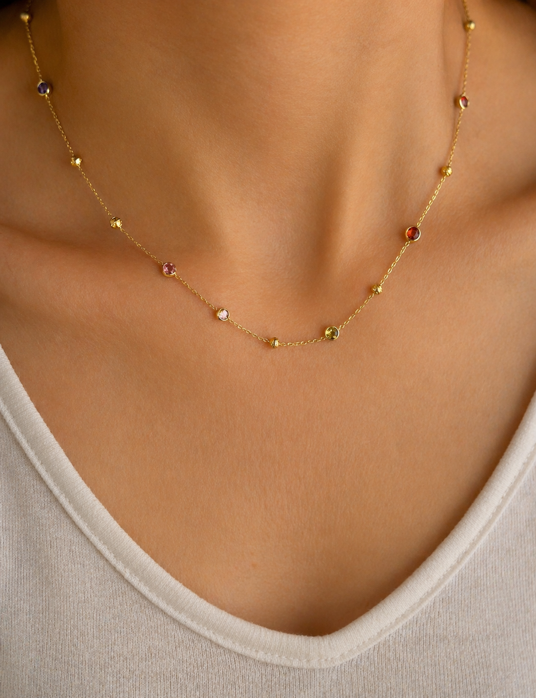 14K Gold Gemstone Station Necklace