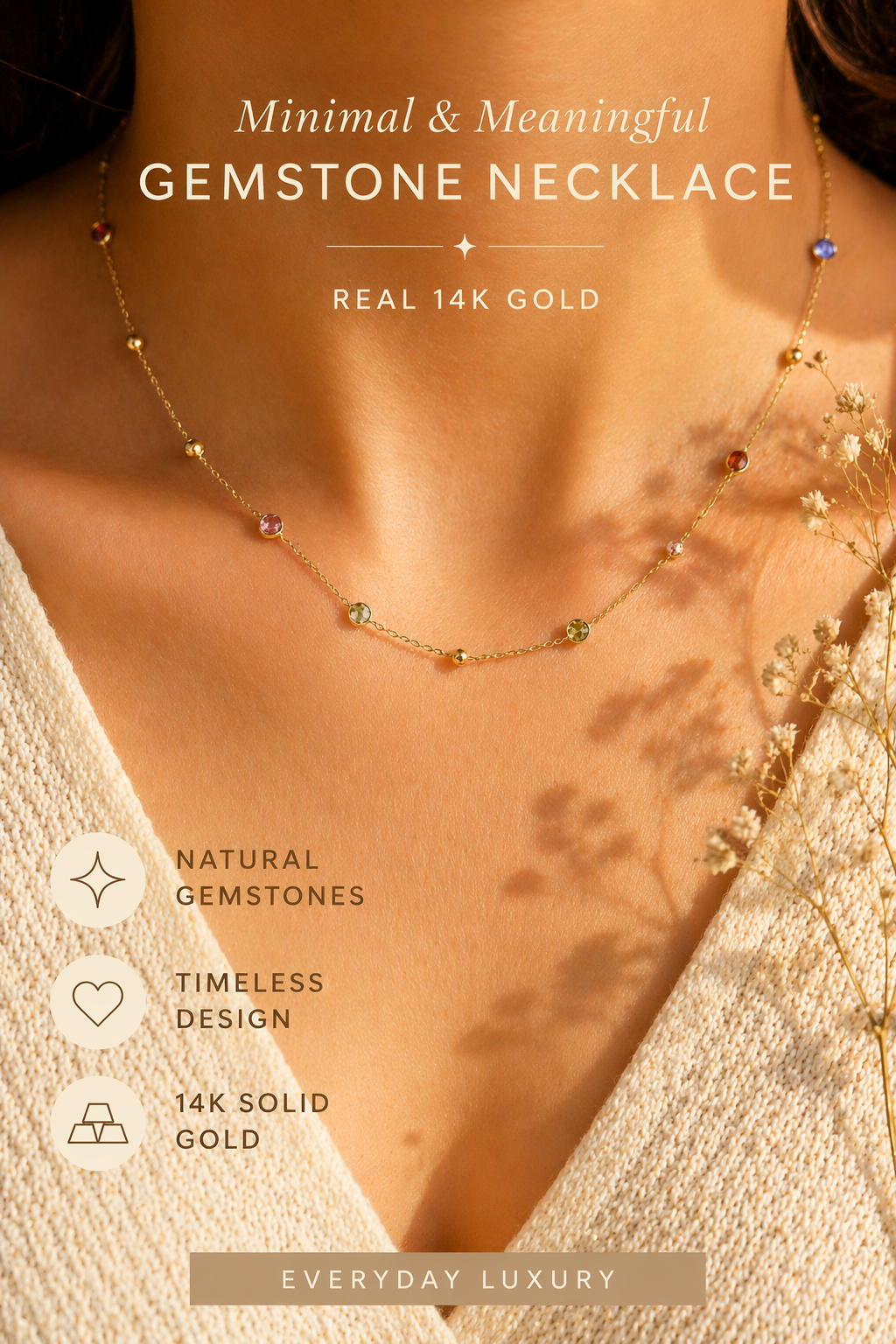 14K Gold Gemstone Station Necklace