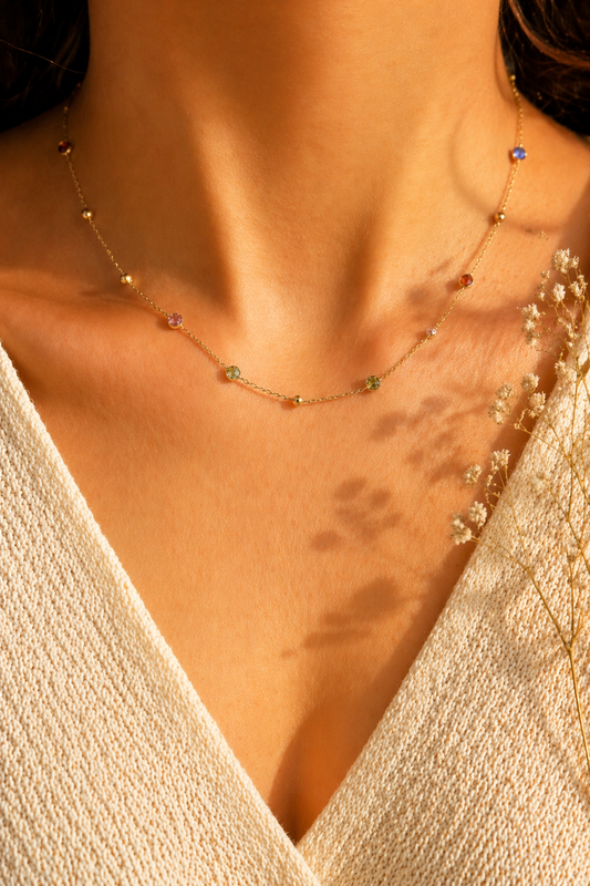 14K Gold Gemstone Station Necklace