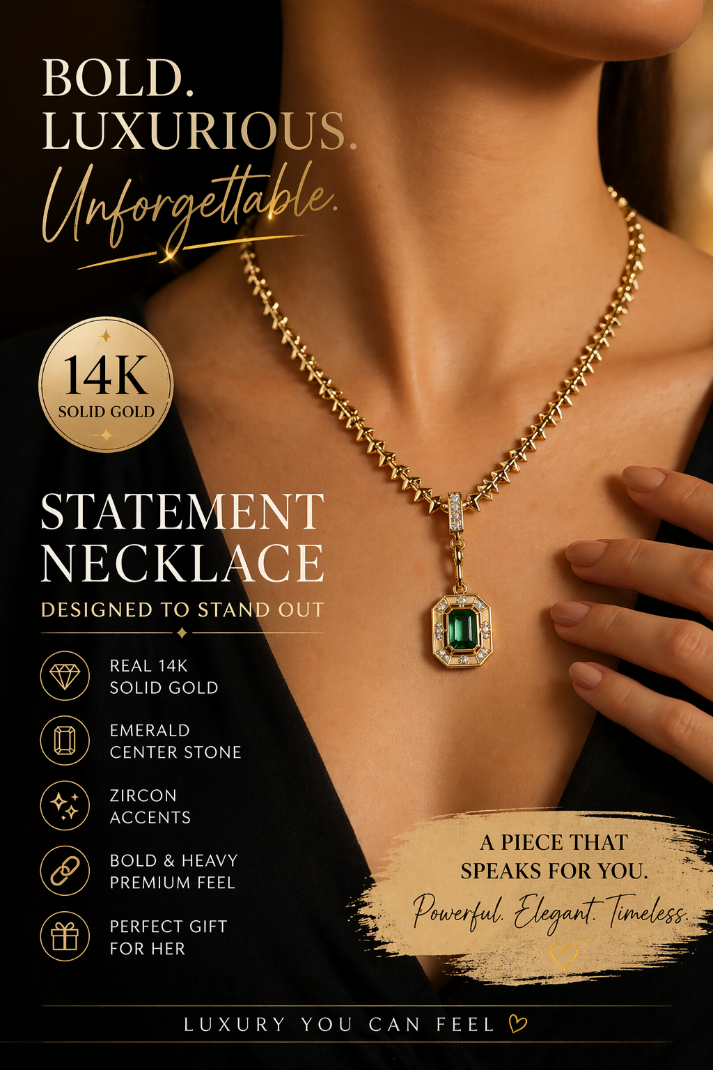 14K Solid Gold Thick Chain Emerald Stone Necklace