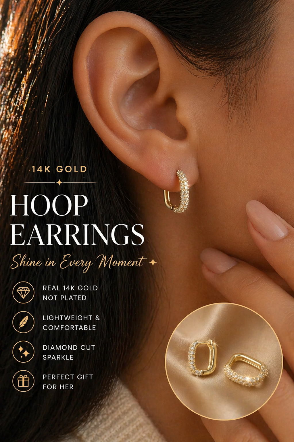 14K Solid Gold Hoop Earrings – Minimal Diamond Cut Sparkle Huggie Earrings
